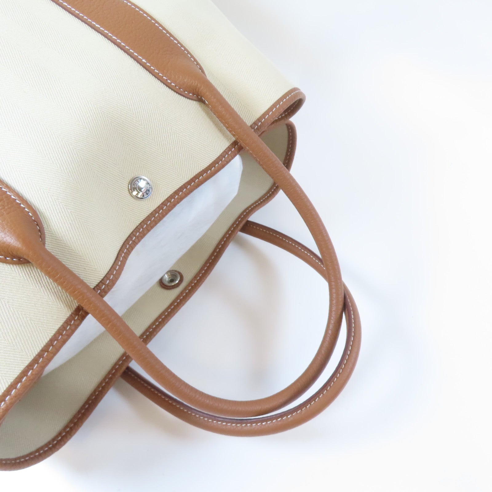 HERMES 帆布Garden Party PM銀扣手挽袋Gold/啡色