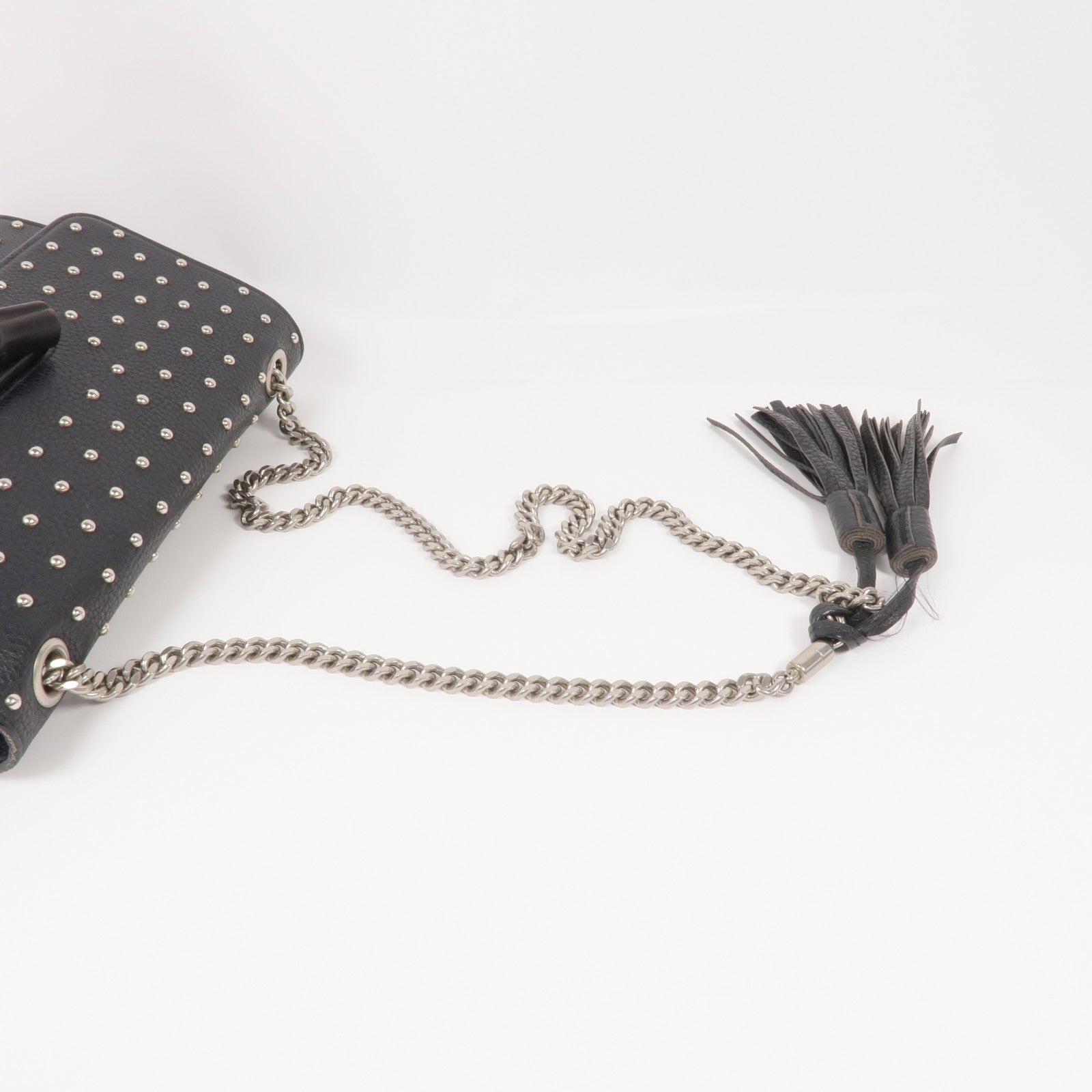 GUCCI 牛皮皮革Stud Bamboo Shoulder Bag銀扣鏈帶肩背袋