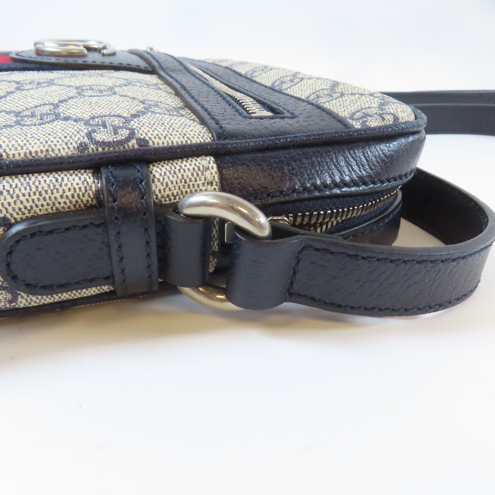 GUCCI 塗層帆布Shoulder Bag銀扣肩背袋啡色/深藍色