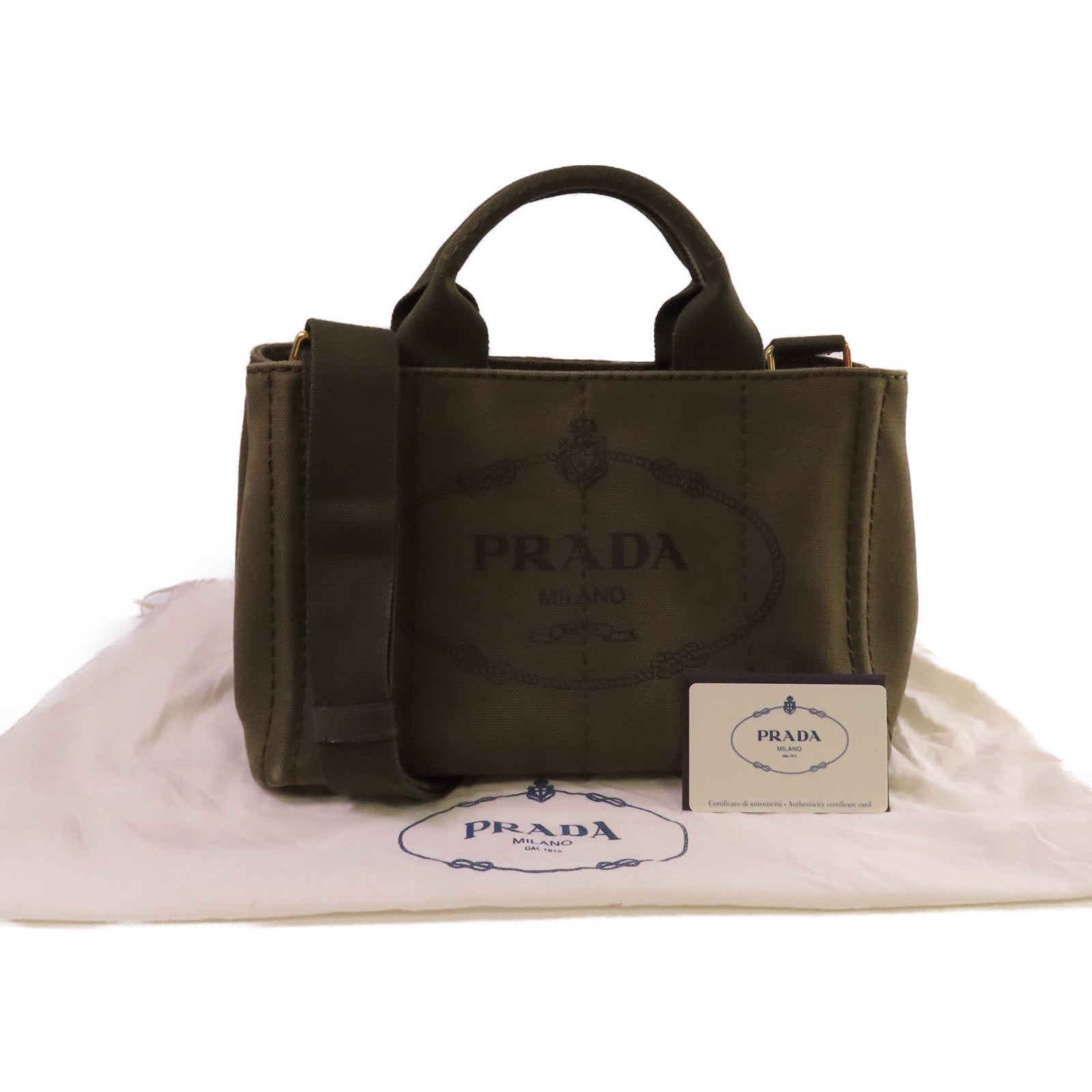 PRADA 帆布Canapa Shoulder Bag金扣手挽肩背兩用袋軍綠色