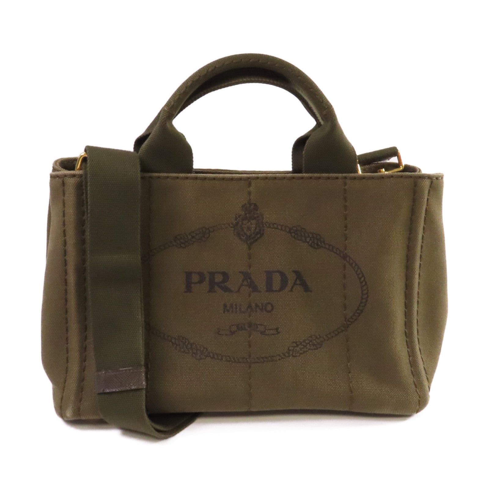 PRADA 帆布Canapa Shoulder Bag金扣手挽肩背兩用袋軍綠色
