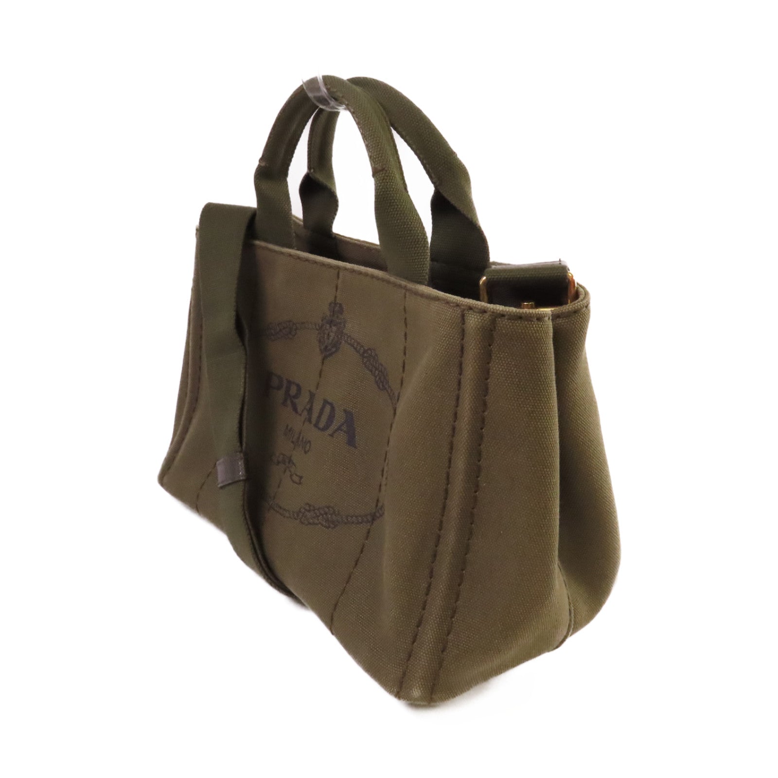 PRADA 帆布Canapa Shoulder Bag金扣手挽肩背兩用袋軍綠色