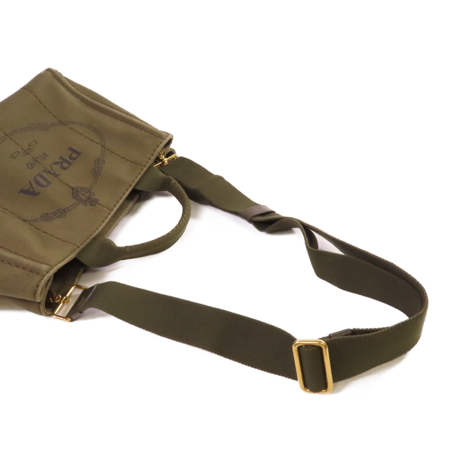 PRADA 帆布Canapa Shoulder Bag金扣手挽肩背兩用袋軍綠色