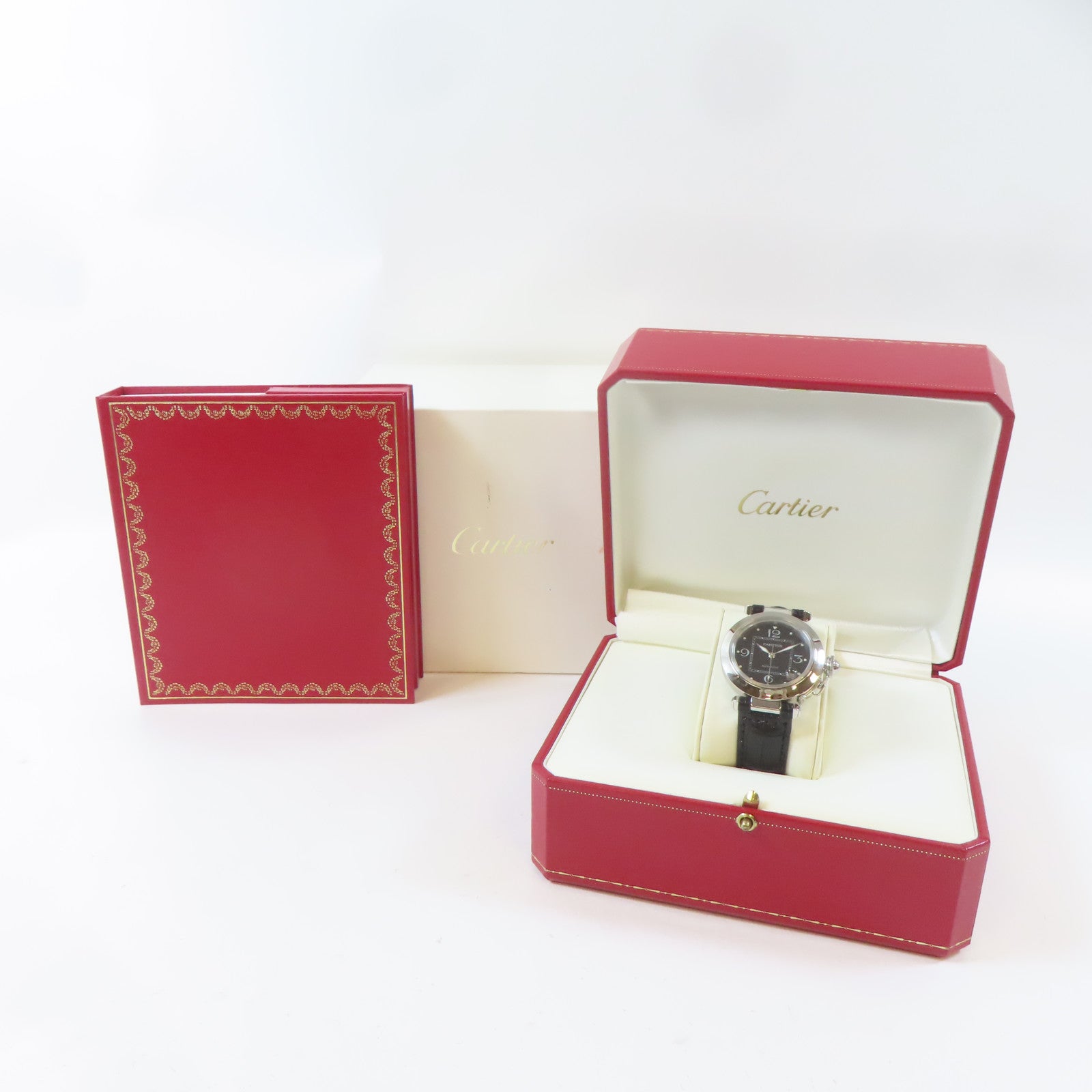 CARTIER Pasha C不鏽鋼/皮革手錶自動機芯黑色#15.25cm