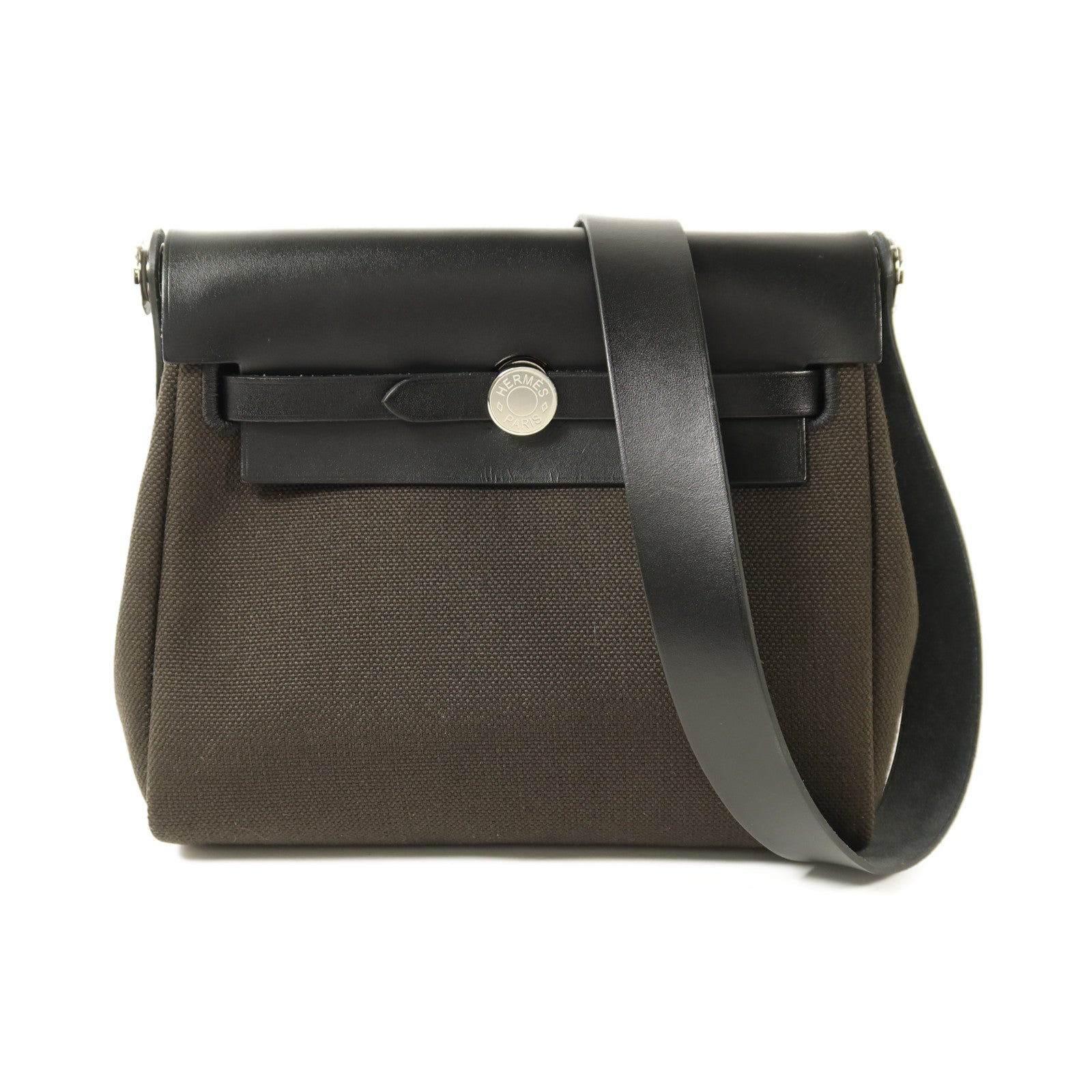 HERMES 帆布Mini Herbag銀扣肩背袋Vert de Gris/Noir