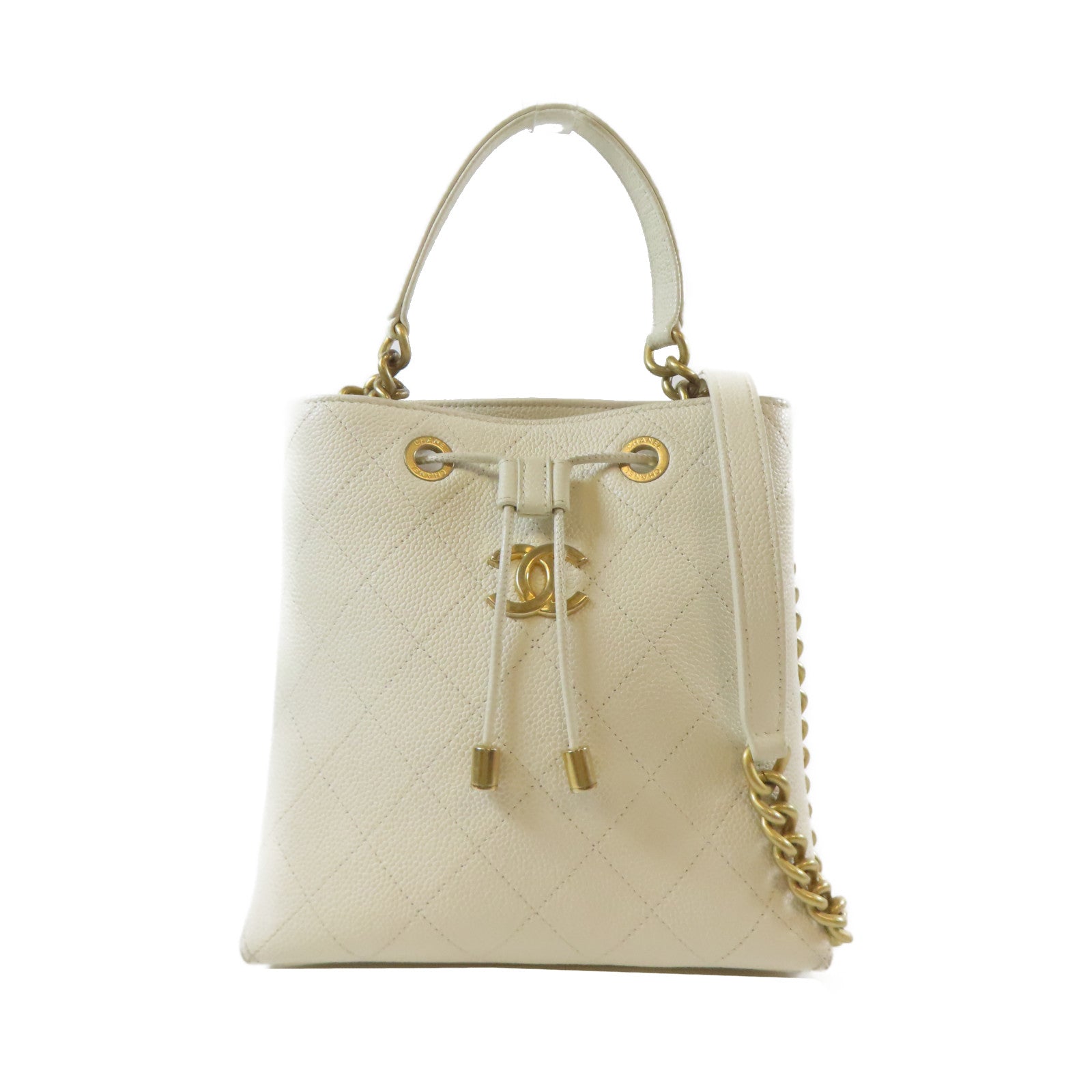 CHANEL 菱格Caviar皮革Chain Shoulder Bag金扣手挽肩背兩用袋白色