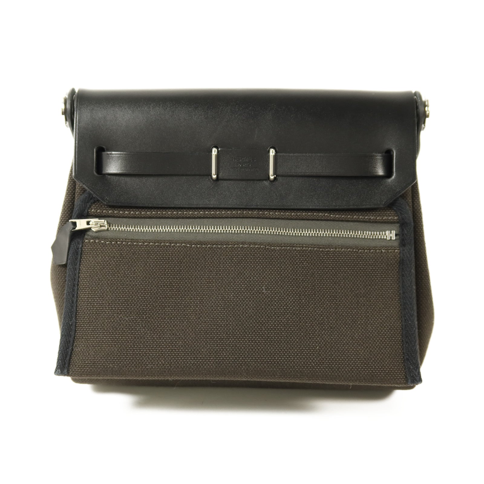 HERMES 帆布Mini Herbag銀扣肩背袋Vert de Gris/Noir