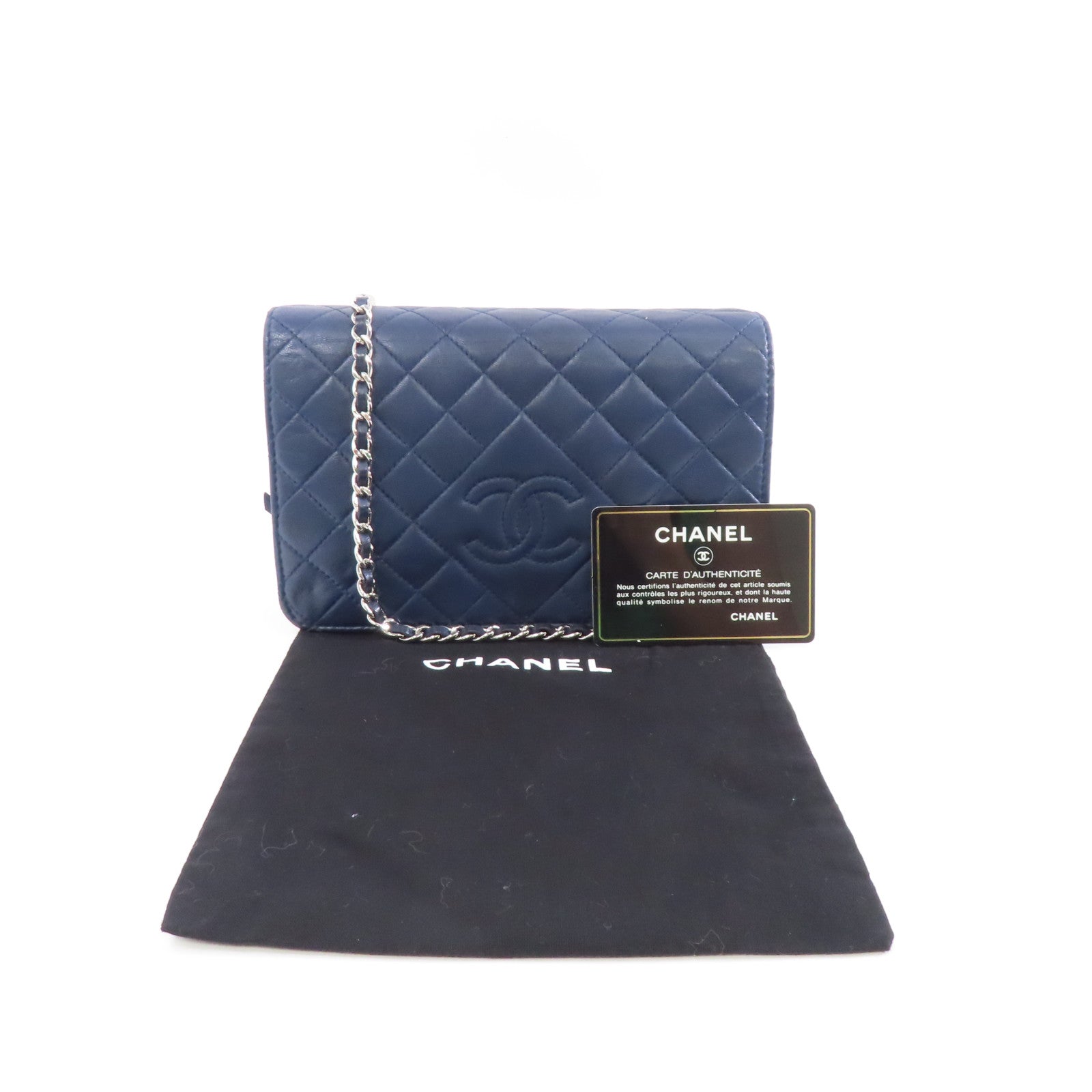 CHANEL 【激減優惠】菱格皮革Wallet On Chain銀扣鏈帶肩背袋深藍色