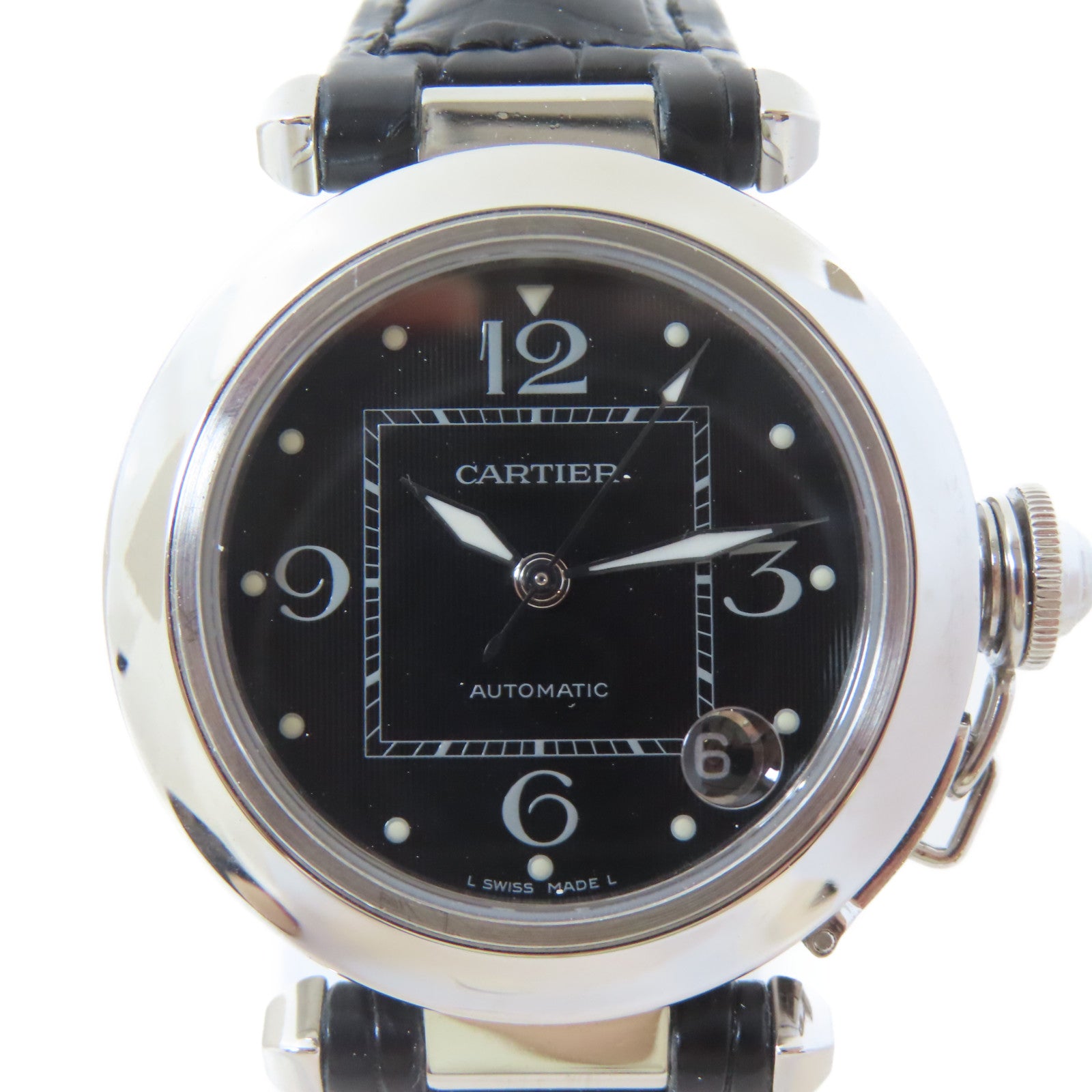 CARTIER Pasha C不鏽鋼/皮革手錶自動機芯黑色#15.25cm