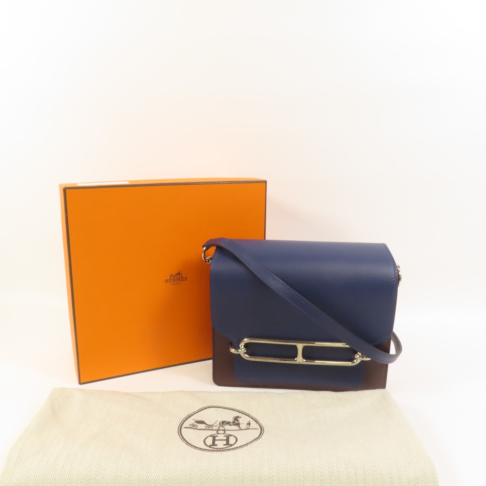 HERMES Evercolor皮革Mini Roulis銀扣肩背袋Rouge Sellier/Bleu Saphir