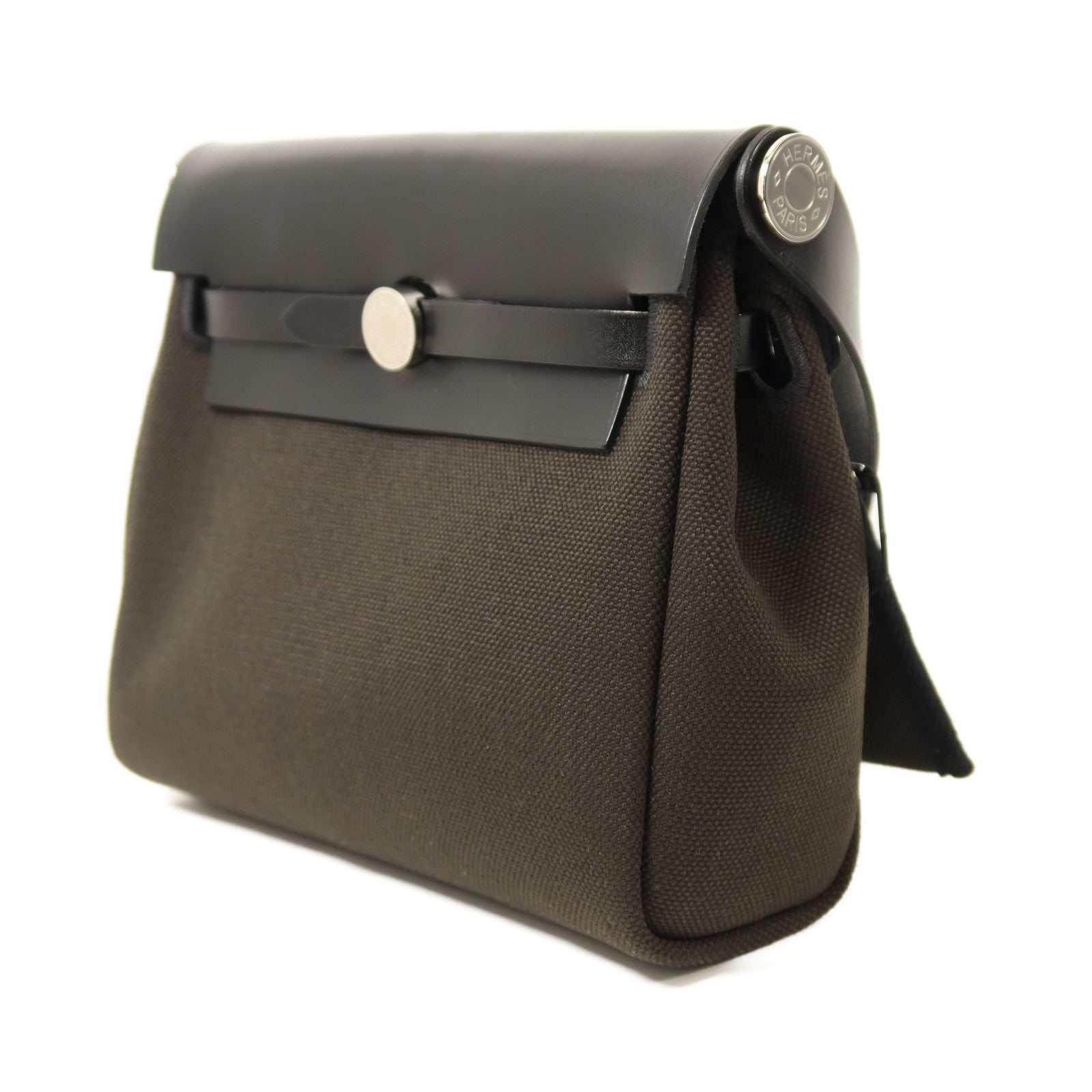 HERMES 帆布Mini Herbag銀扣肩背袋Vert de Gris/Noir