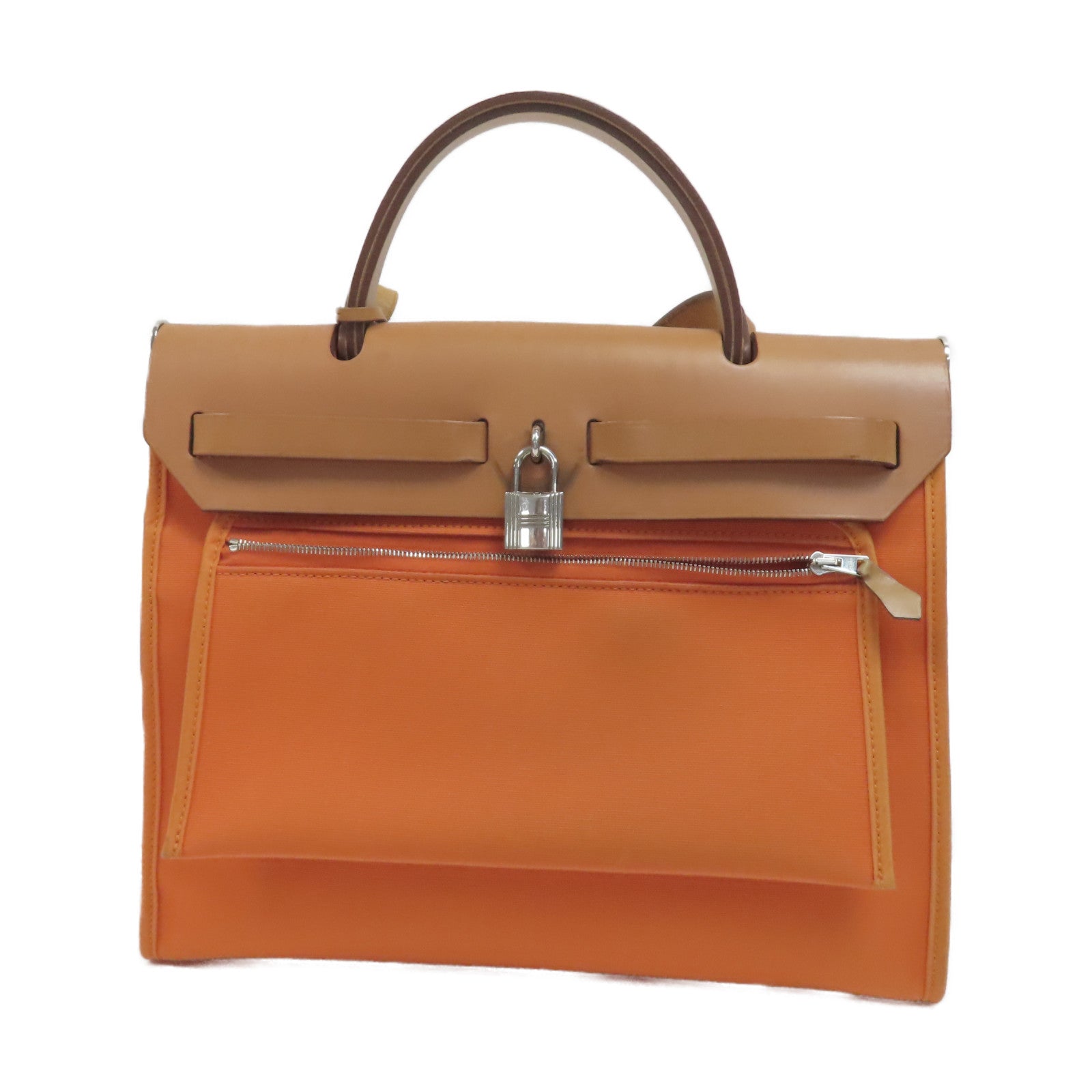 HERMES 帆布Herbag PM銀扣手挽肩背兩用袋橙色