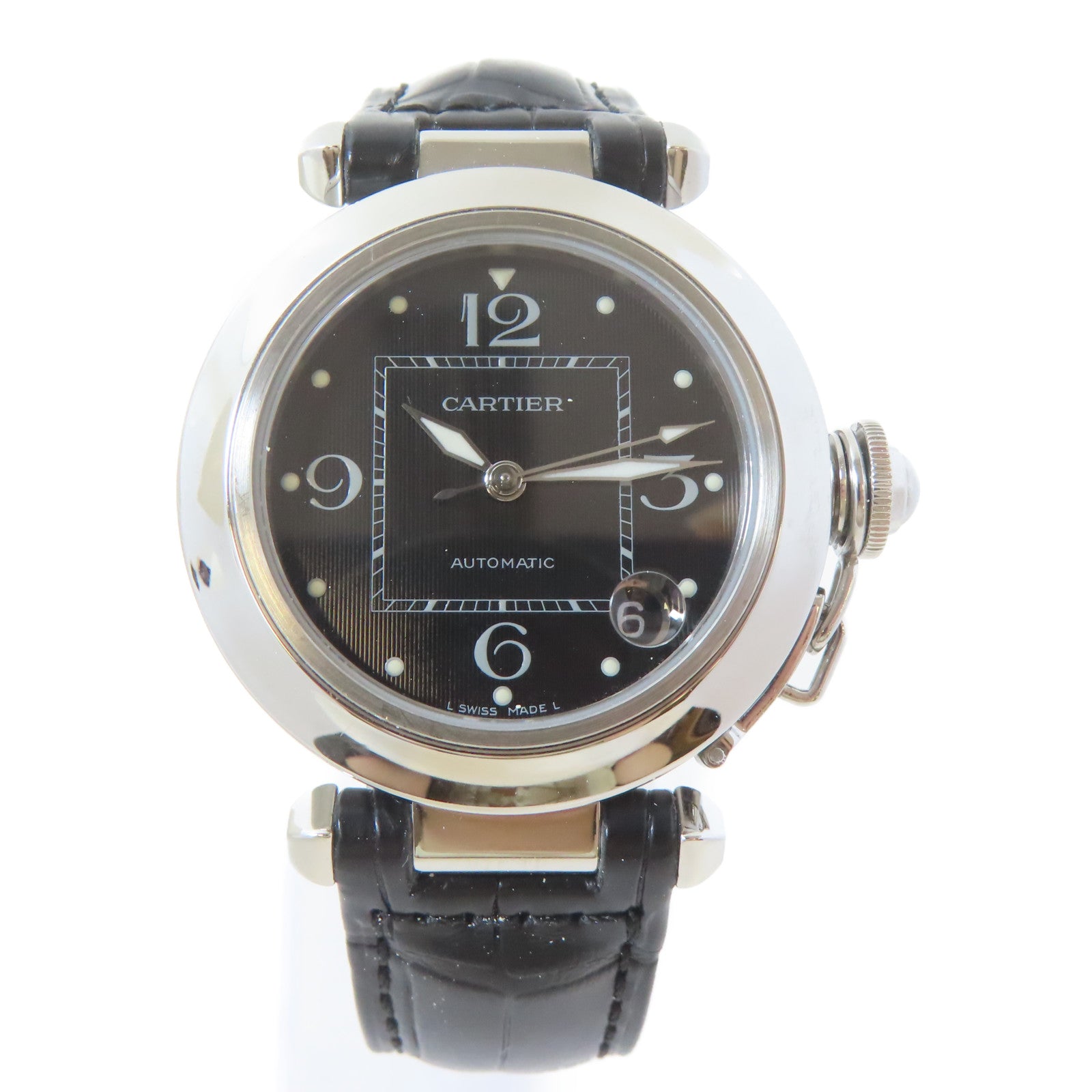 CARTIER Pasha C不鏽鋼/皮革手錶自動機芯黑色#15.25cm