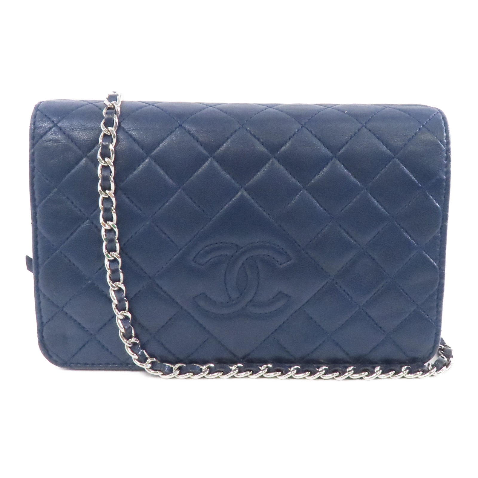 CHANEL 【激減優惠】菱格皮革Wallet On Chain銀扣鏈帶肩背袋深藍色