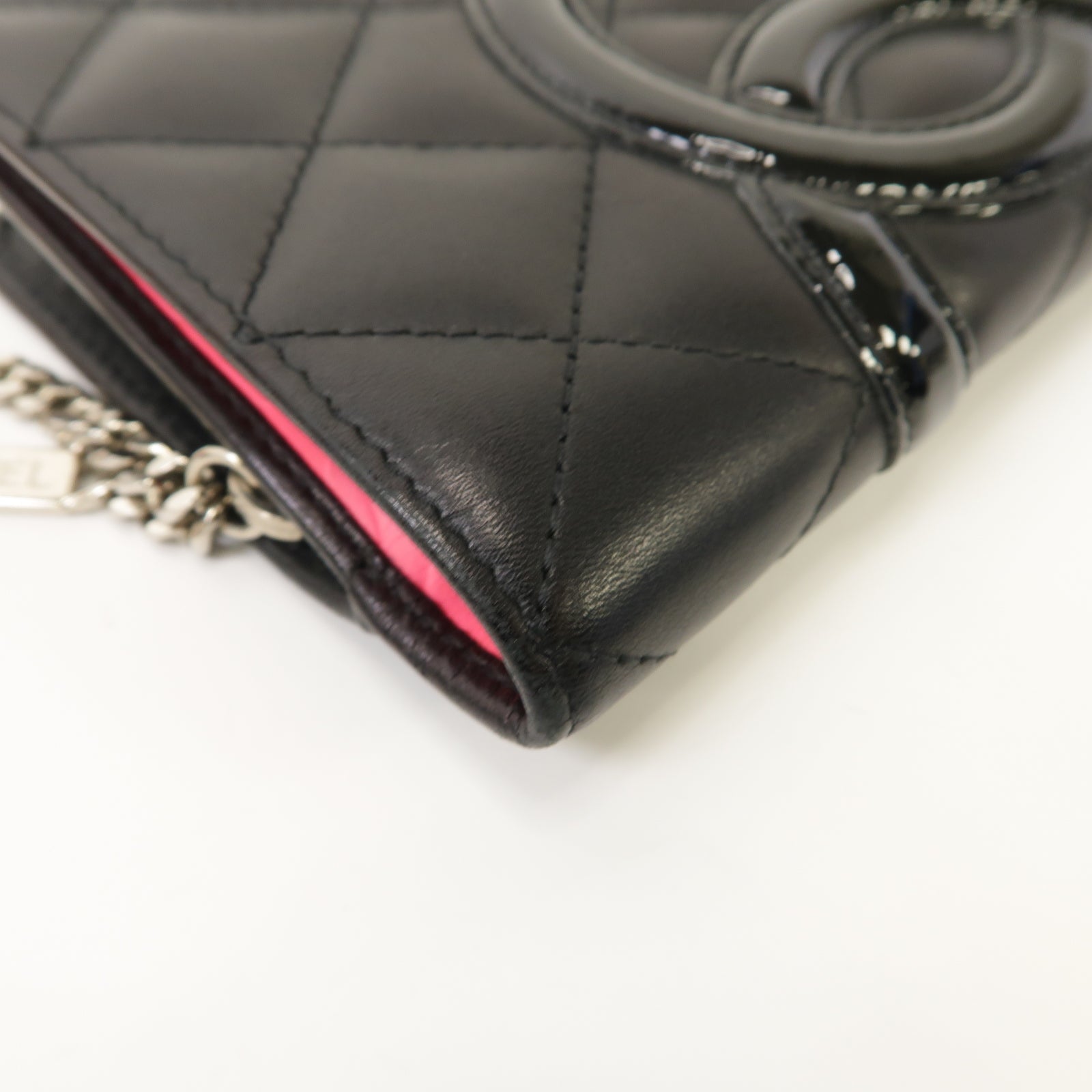 CHANEL 菱格牛Cambon Wallet銀扣錢包黑色/粉紅色