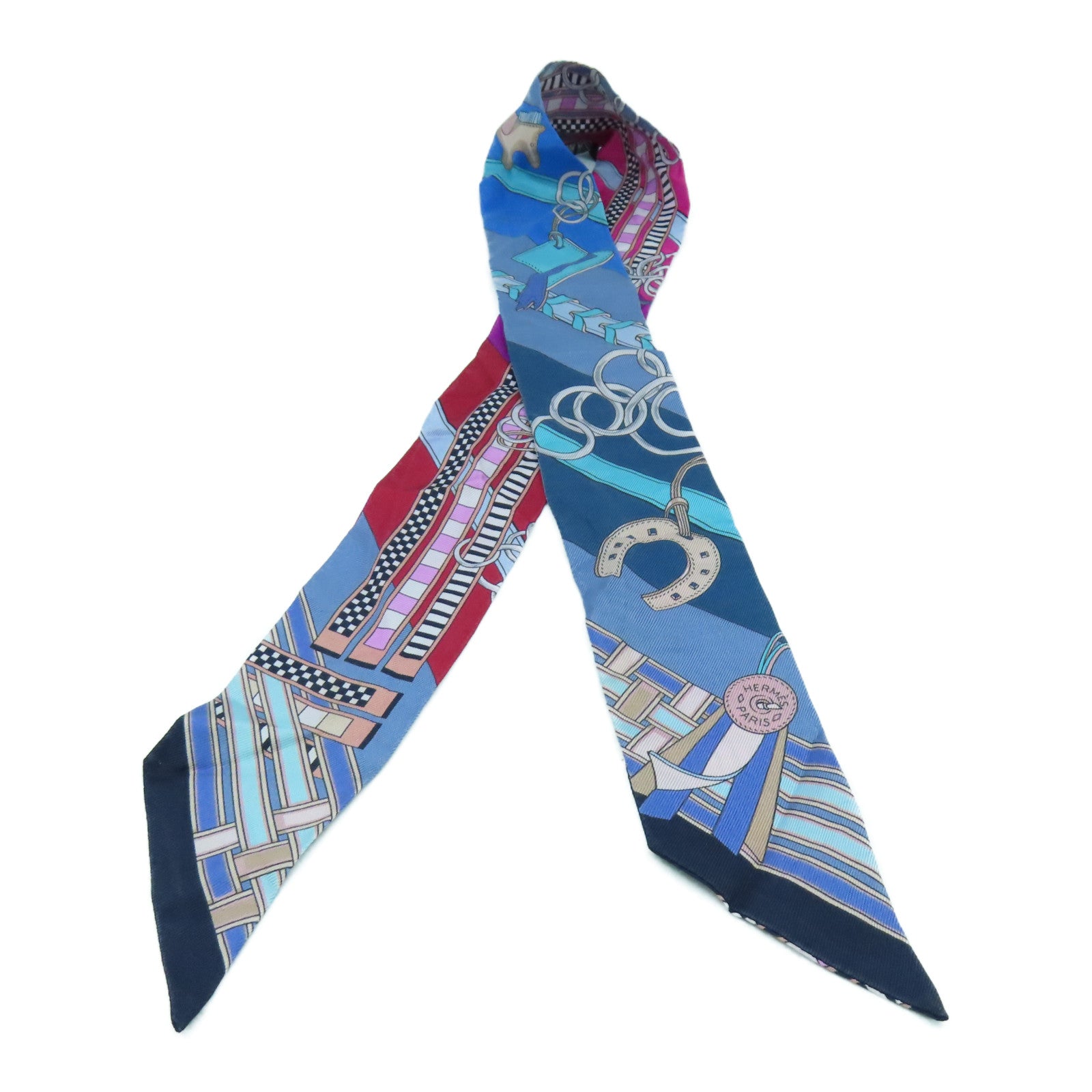 HERMES 【激減優惠】絲質Twilly Scarf絲巾藍色/紅色