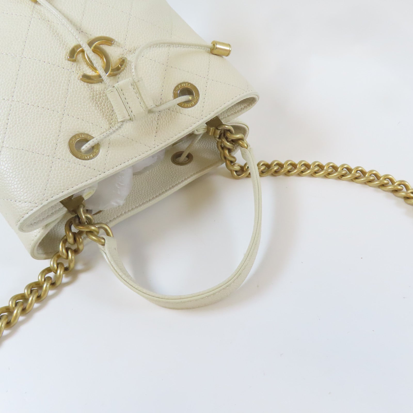 CHANEL 菱格Caviar皮革Chain Shoulder Bag金扣手挽肩背兩用袋白色