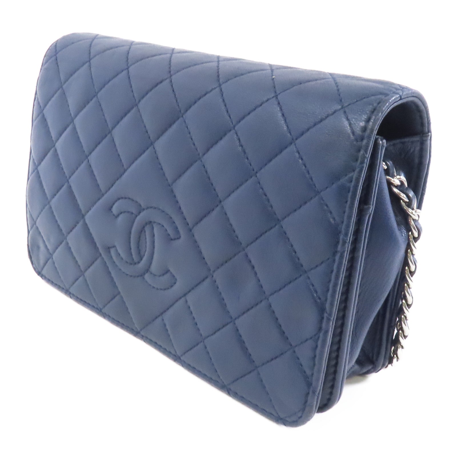 CHANEL 【激減優惠】菱格皮革Wallet On Chain銀扣鏈帶肩背袋深藍色