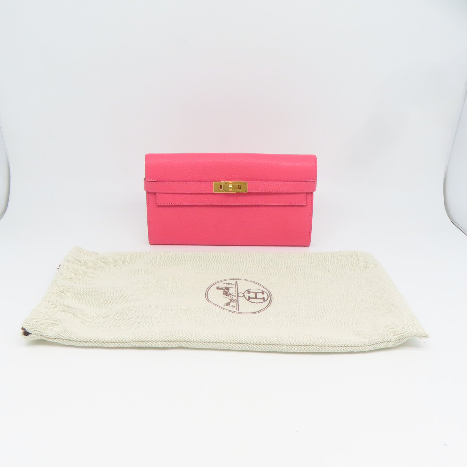 HERMES 【激減優惠】Chevre皮革Kelly Wallet金扣長錢包糖果紅色
