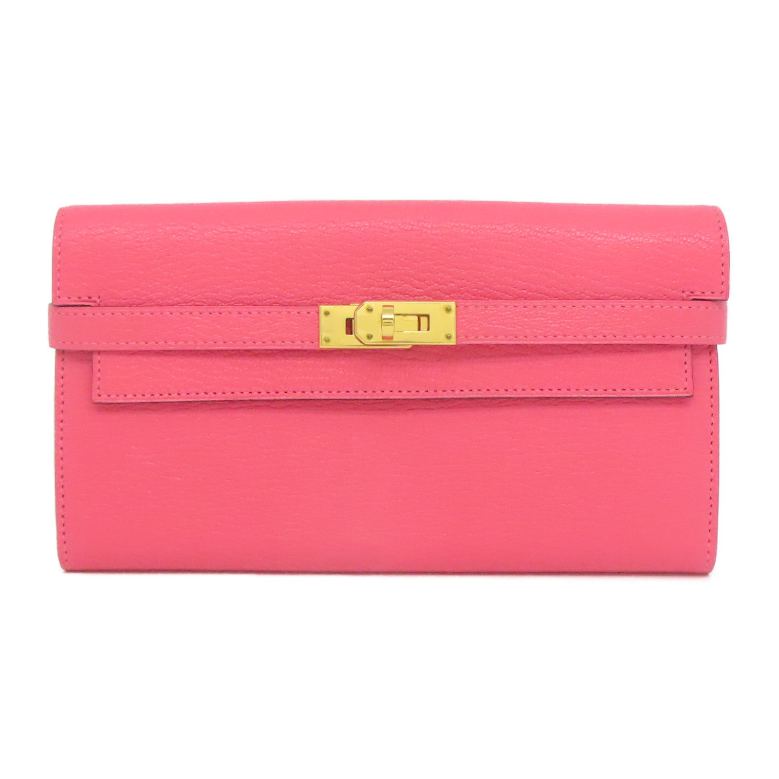 HERMES 【激減優惠】Chevre皮革Kelly Wallet金扣長錢包糖果紅色