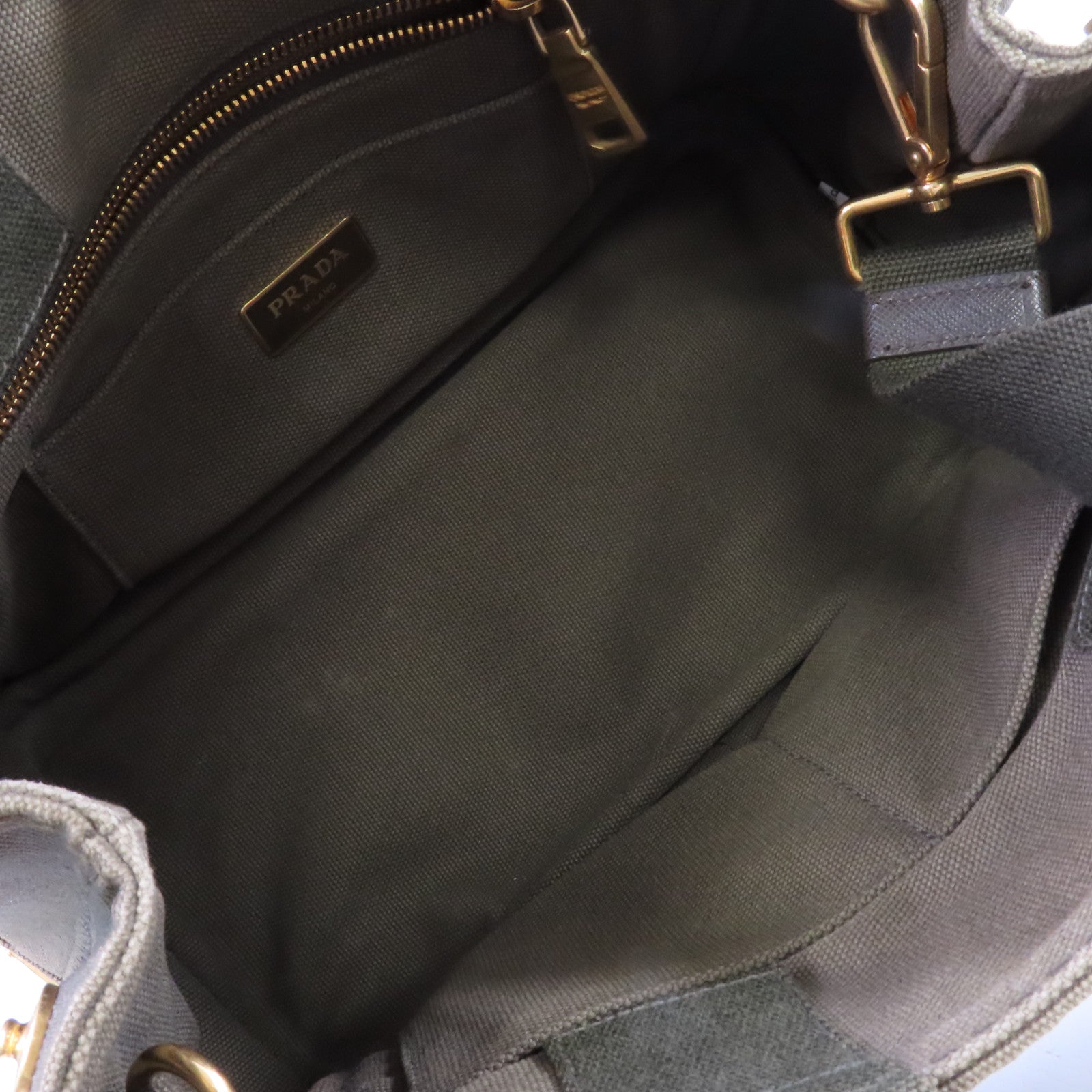 PRADA 帆布Canapa Shoulder Bag金扣手挽肩背兩用袋軍綠色