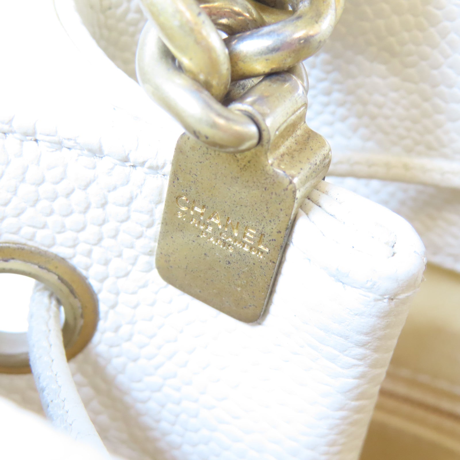 CHANEL 菱格Caviar皮革Chain Shoulder Bag金扣手挽肩背兩用袋白色