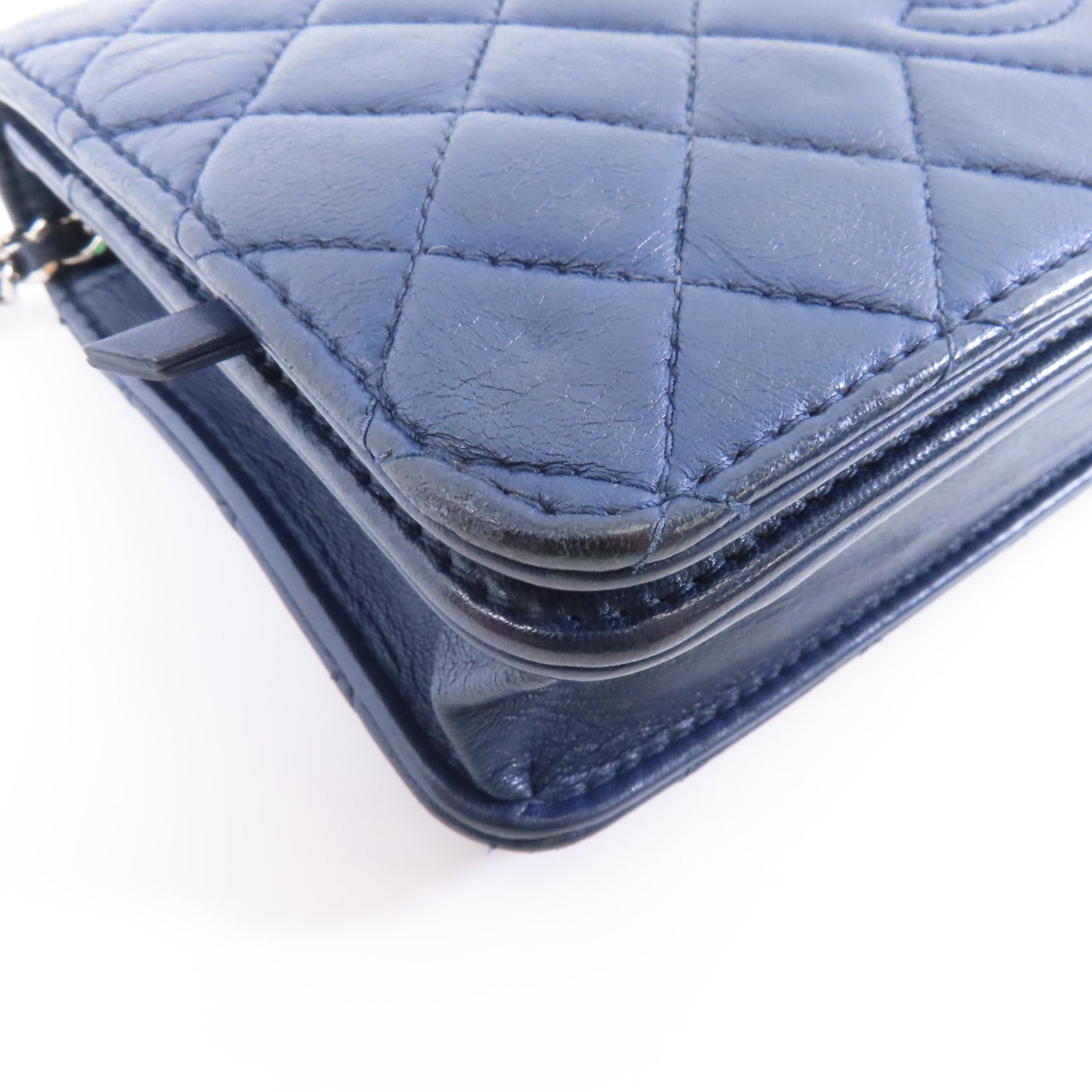 CHANEL 【激減優惠】菱格皮革Wallet On Chain銀扣鏈帶肩背袋深藍色