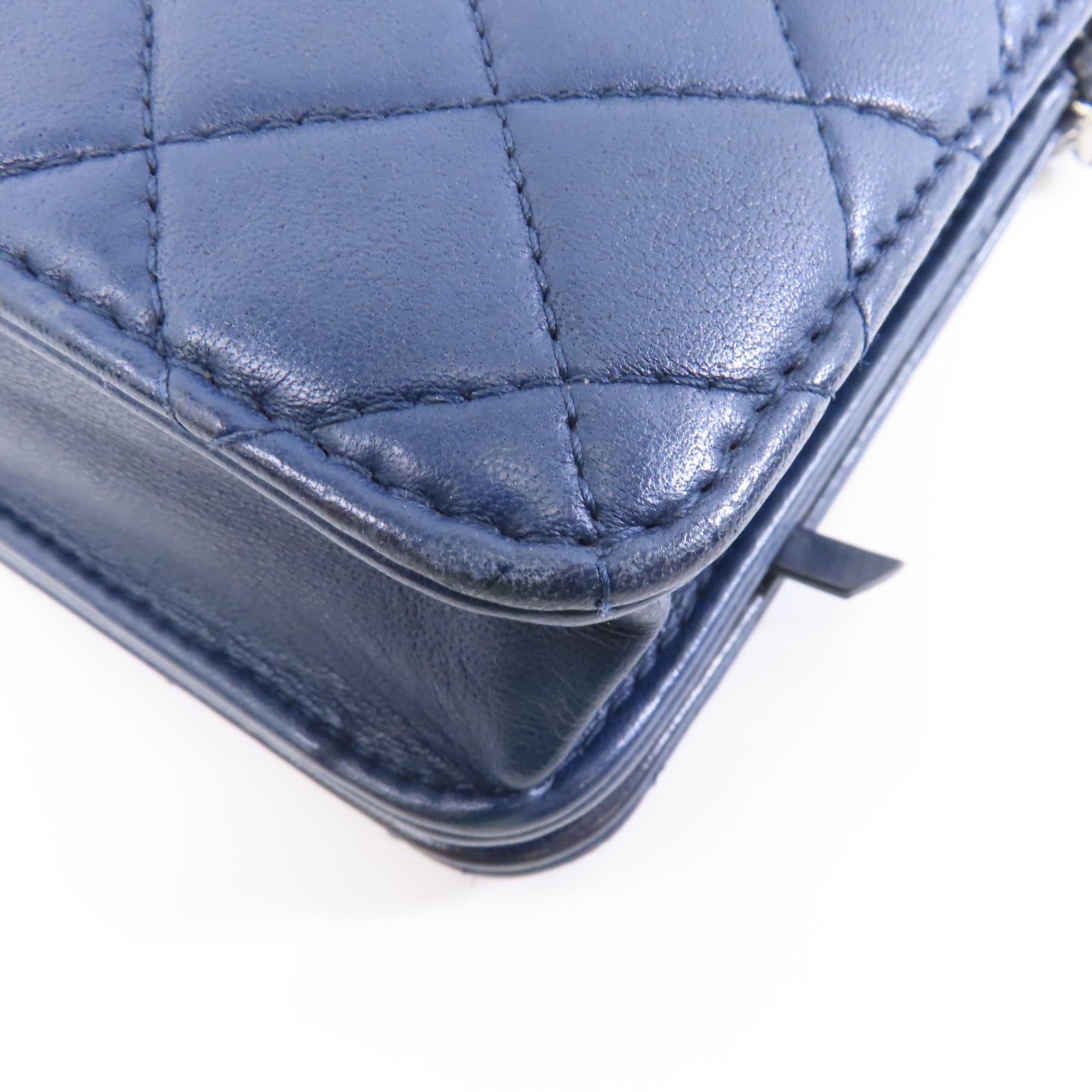 CHANEL 【激減優惠】菱格皮革Wallet On Chain銀扣鏈帶肩背袋深藍色