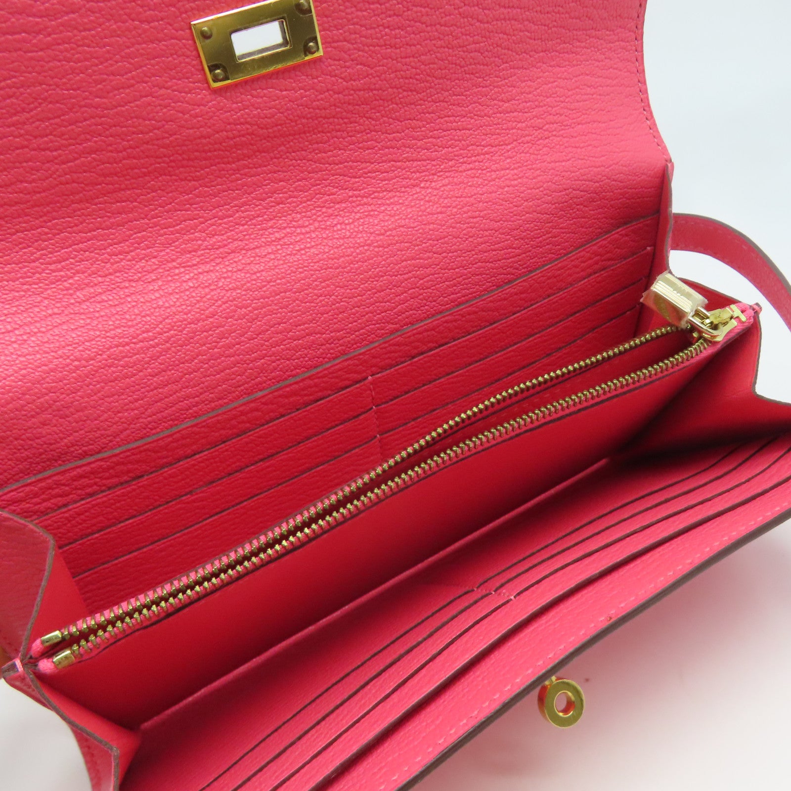HERMES 【激減優惠】Chevre皮革Kelly Wallet金扣長錢包糖果紅色