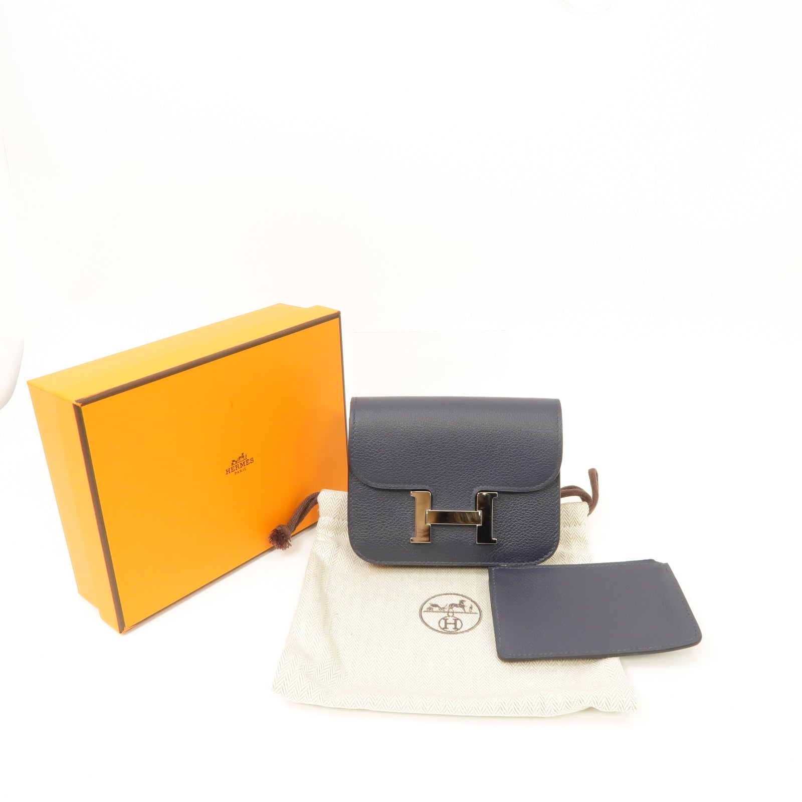HERMES Evercolor皮革Constance Slim銀扣手拿包Bleu Nuit深藍色