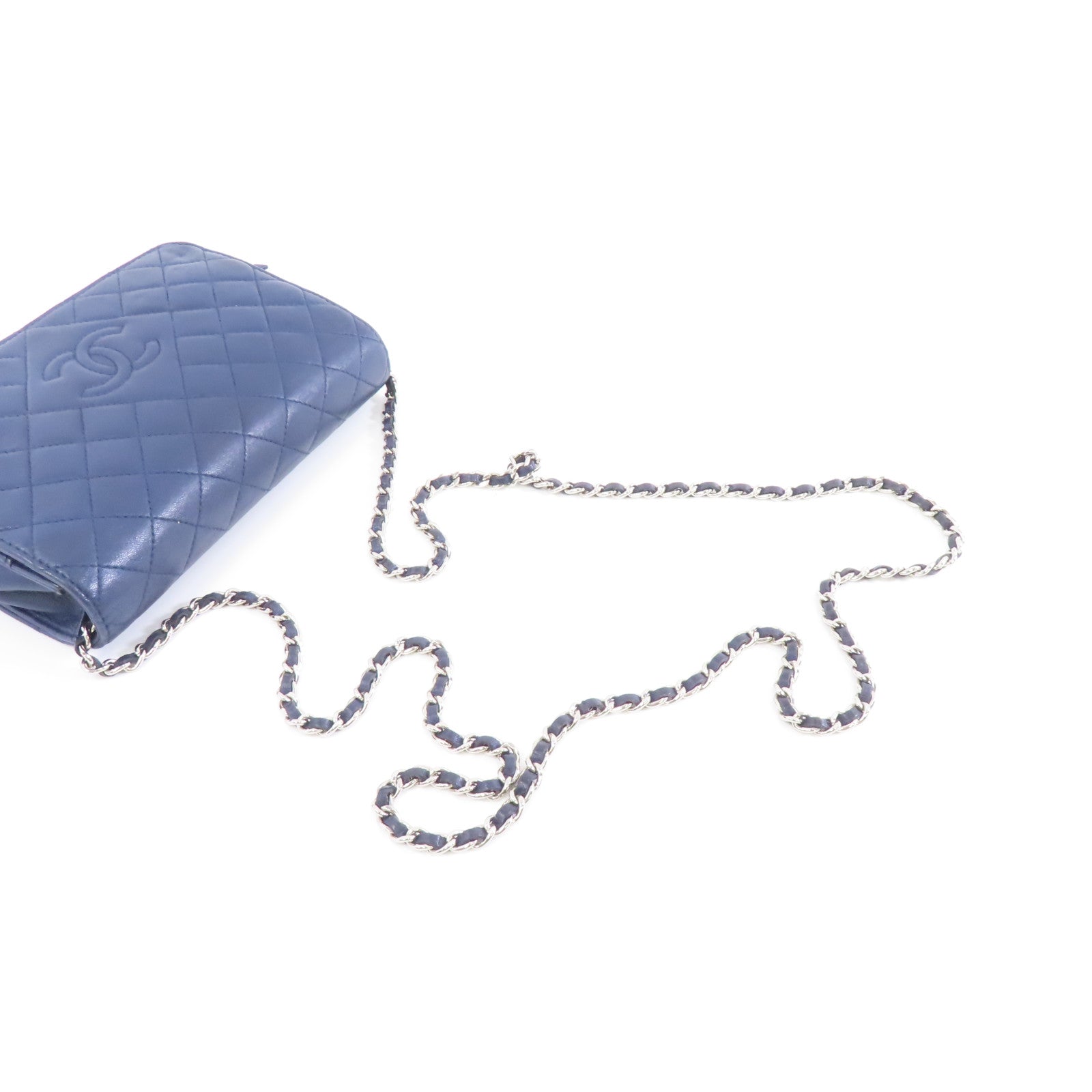 CHANEL 【激減優惠】菱格皮革Wallet On Chain銀扣鏈帶肩背袋深藍色