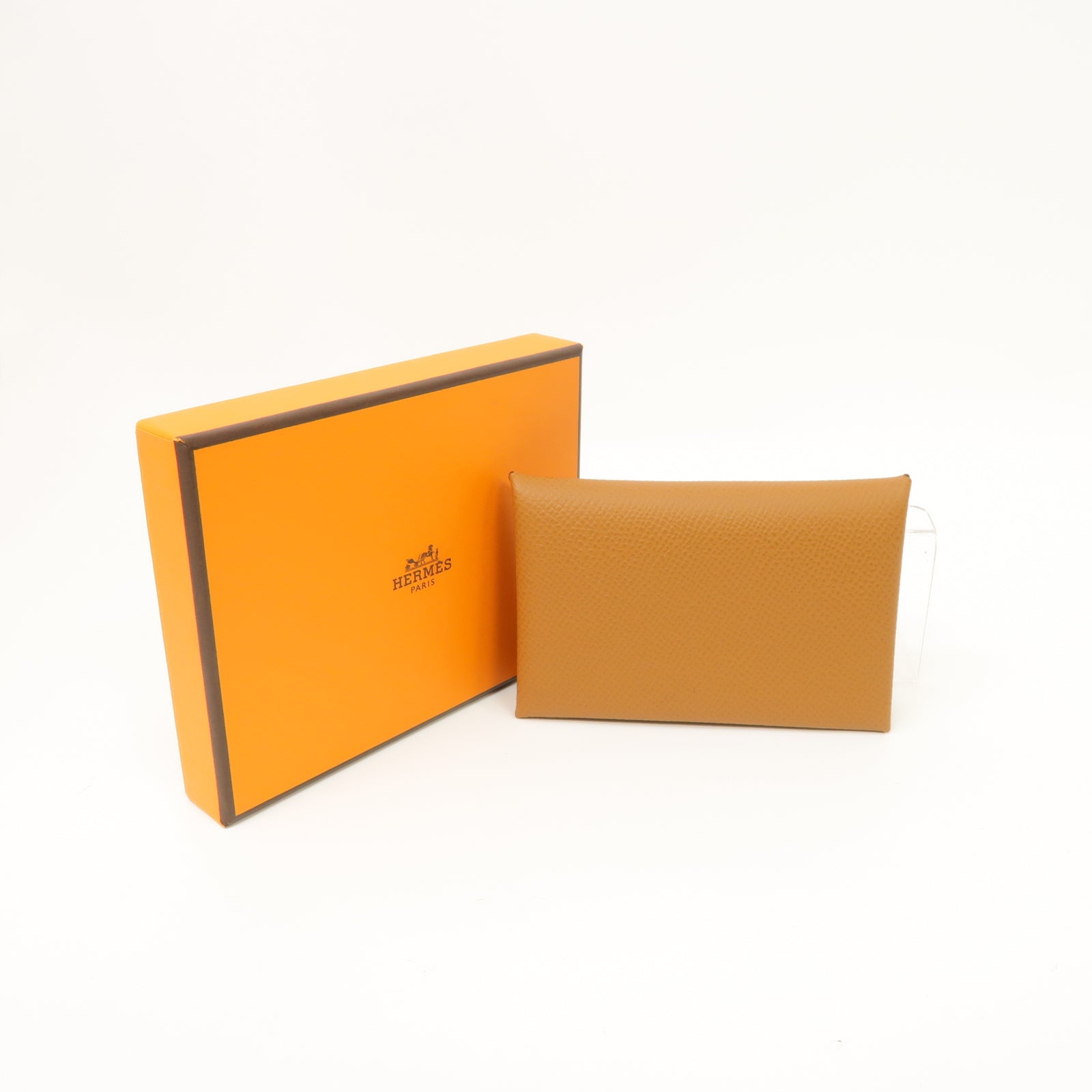 HERMES Epsom皮革Calvi銀扣卡片套Gold/棕色
