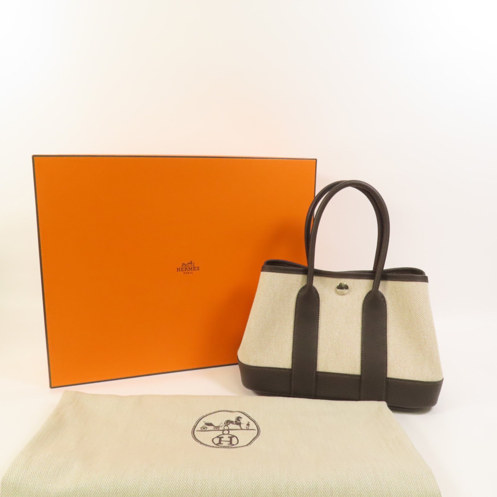 HERMES 帆布Garden Party 23銀扣手挽袋Ebene