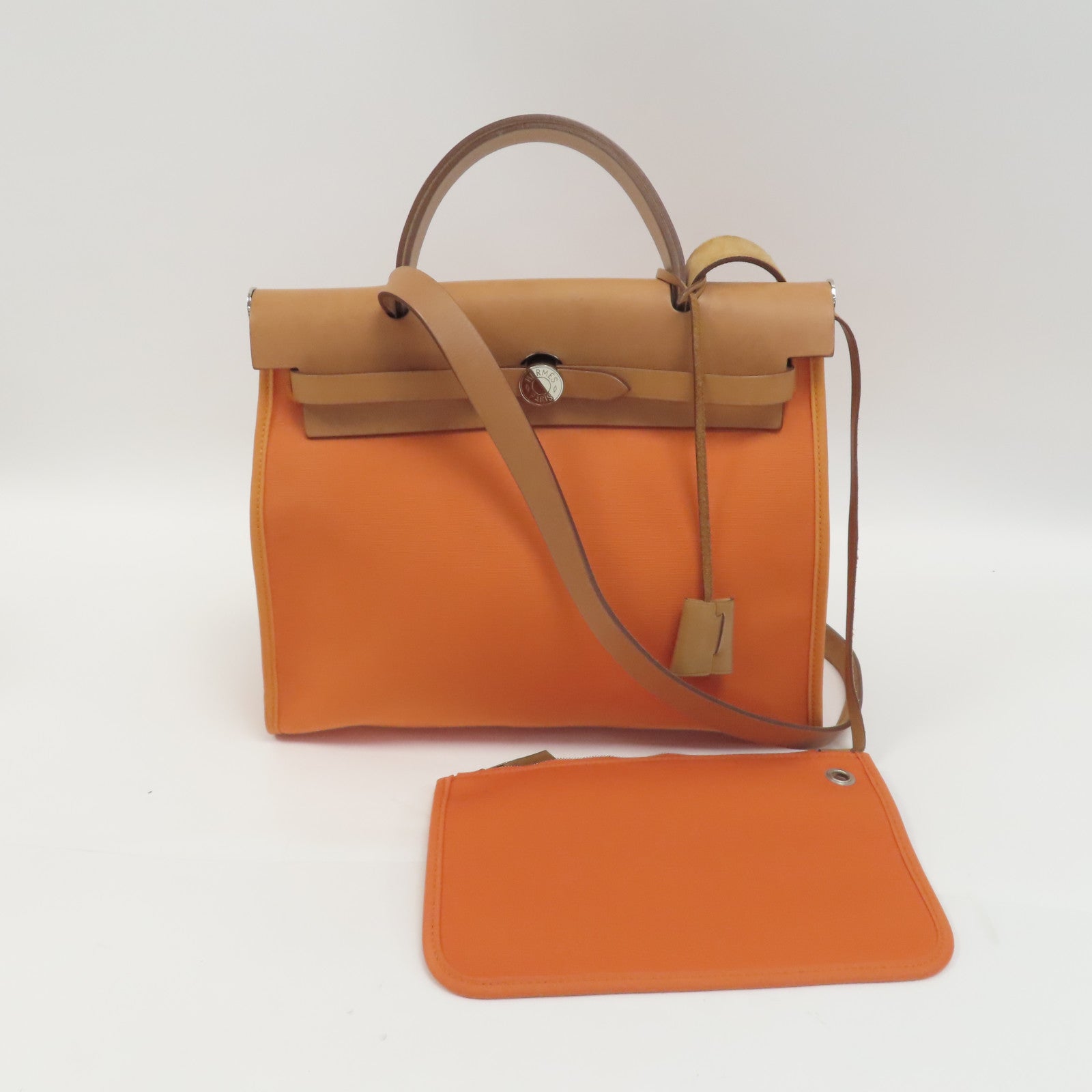 HERMES 帆布Herbag PM銀扣手挽肩背兩用袋橙色