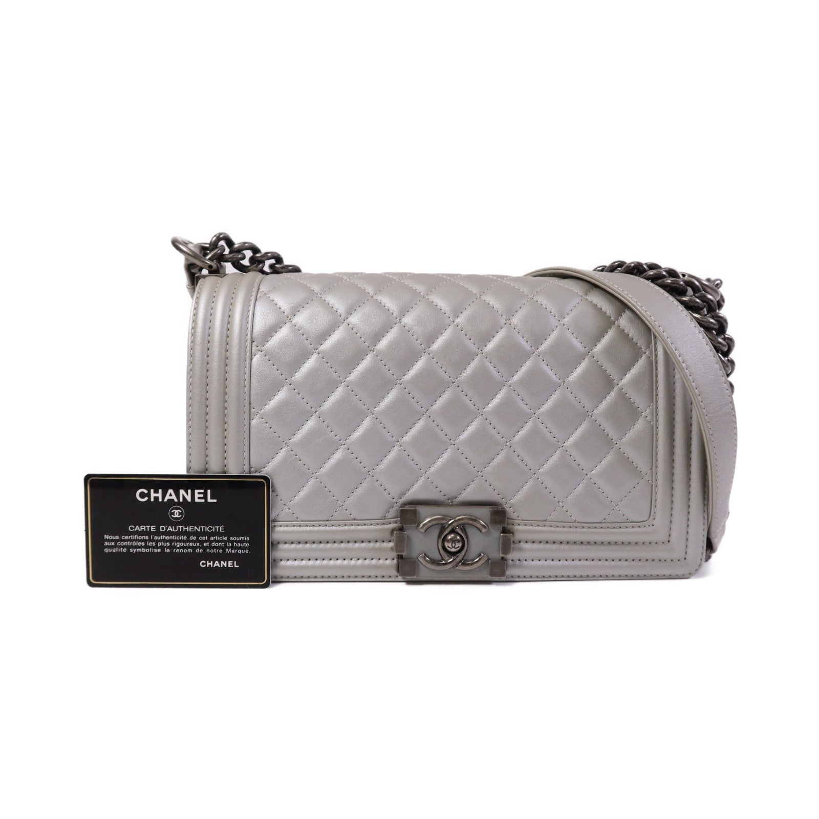 CHANEL 牛皮皮革Boy 25銀扣鏈帶肩背袋