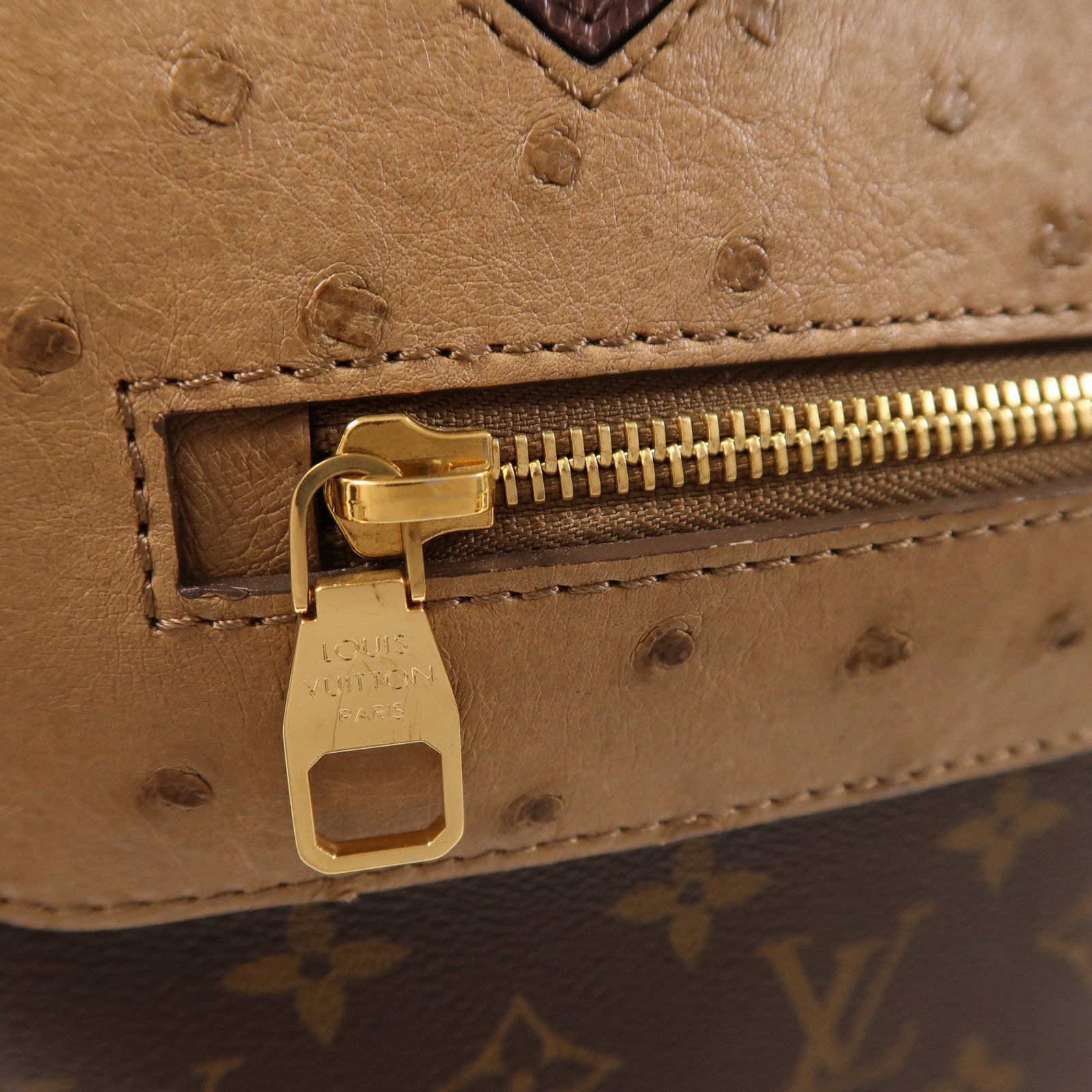 LOUIS VUITTON Monogram/鴕鳥皮革Hand Bag金扣手挽袋