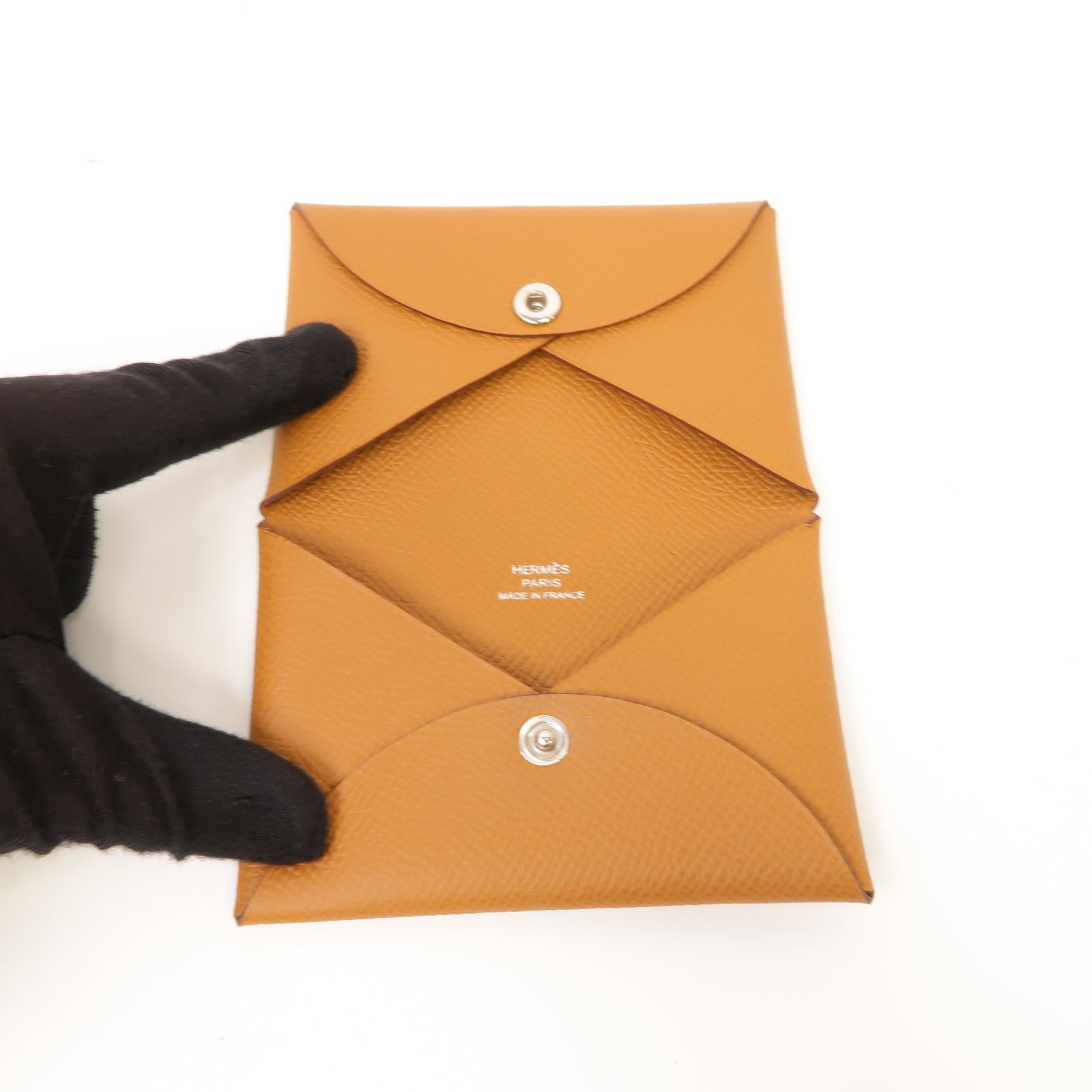 HERMES Epsom皮革Calvi銀扣卡片套Gold/棕色