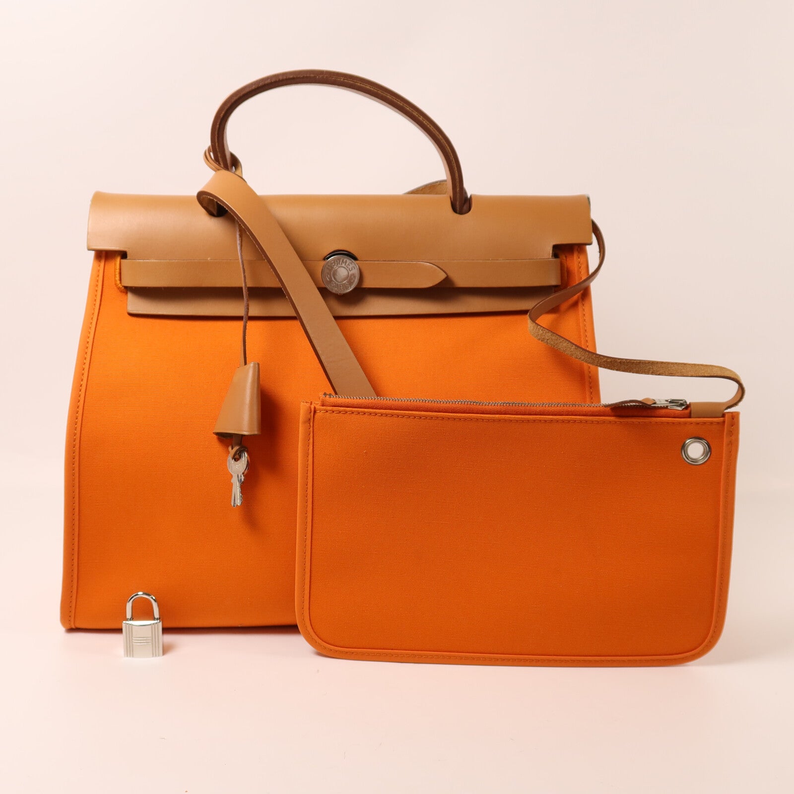 HERMES 帆布Herbag PM銀扣手挽肩背兩用袋Orange