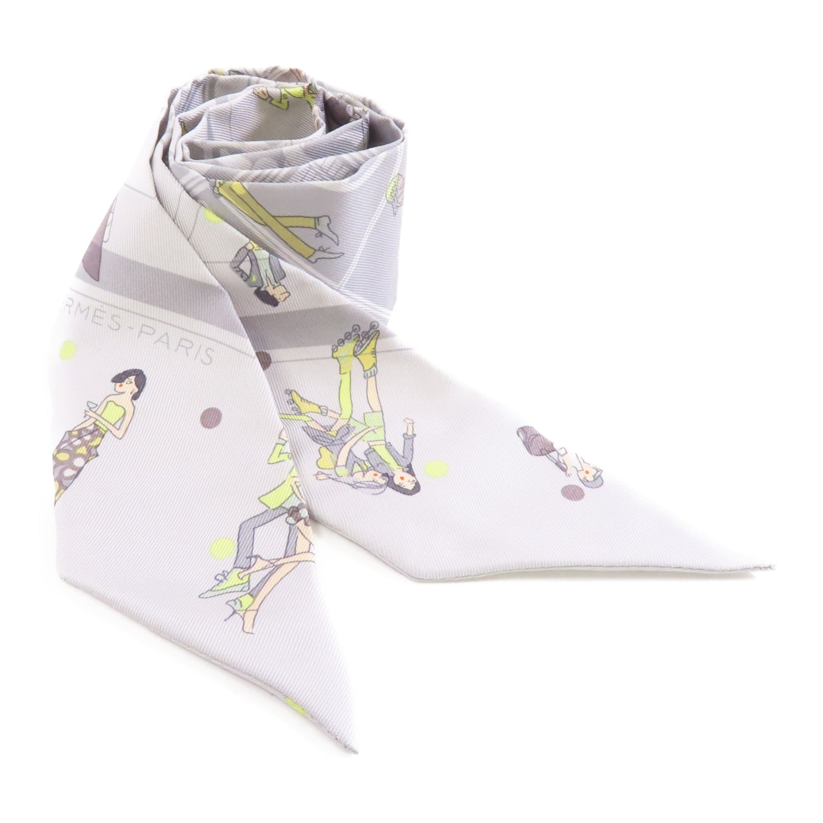 HERMES 絲質Twilly絲巾灰色/黃色