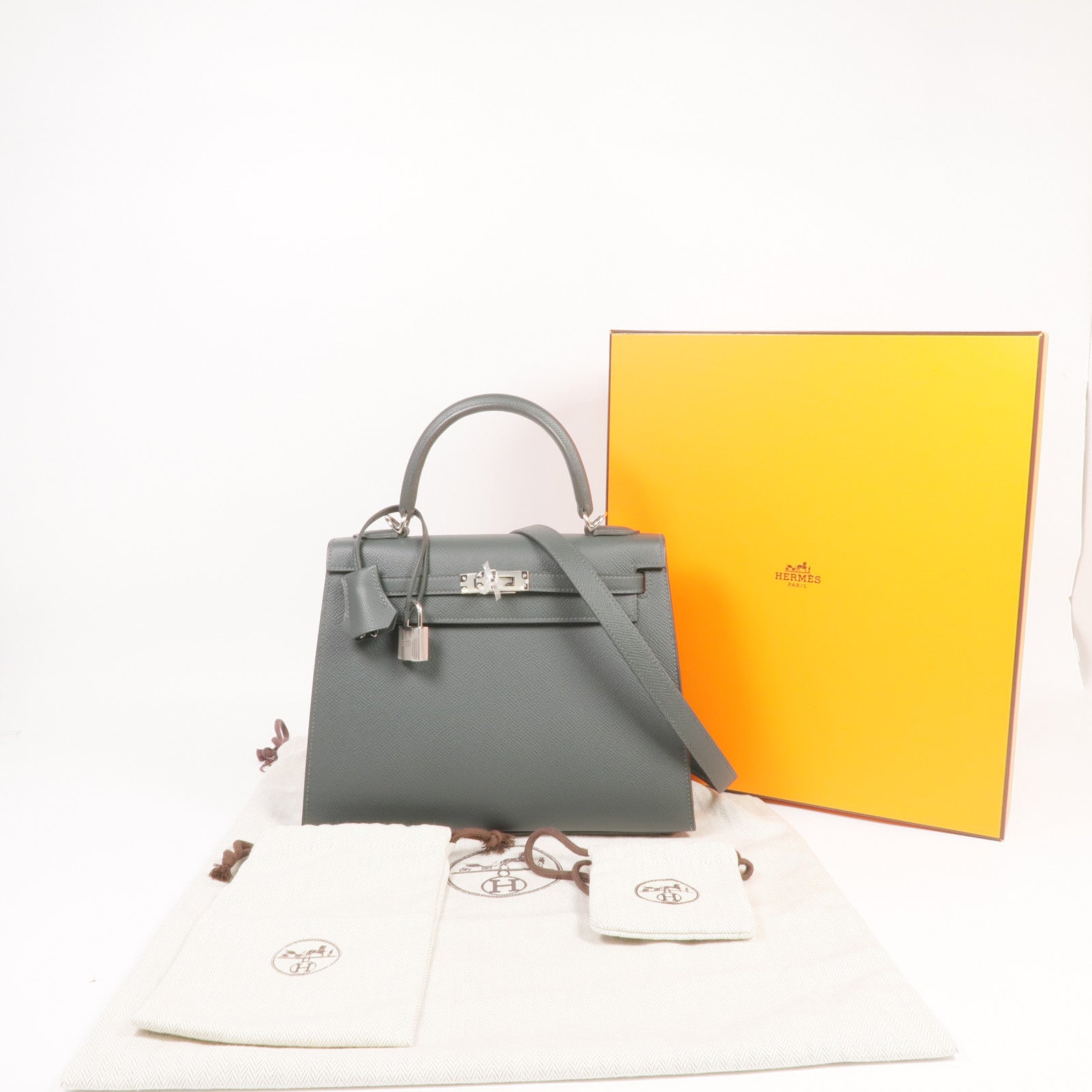 HERMES Epsom皮革Kelly 25銀扣手挽肩背兩用袋Vert Mangrove