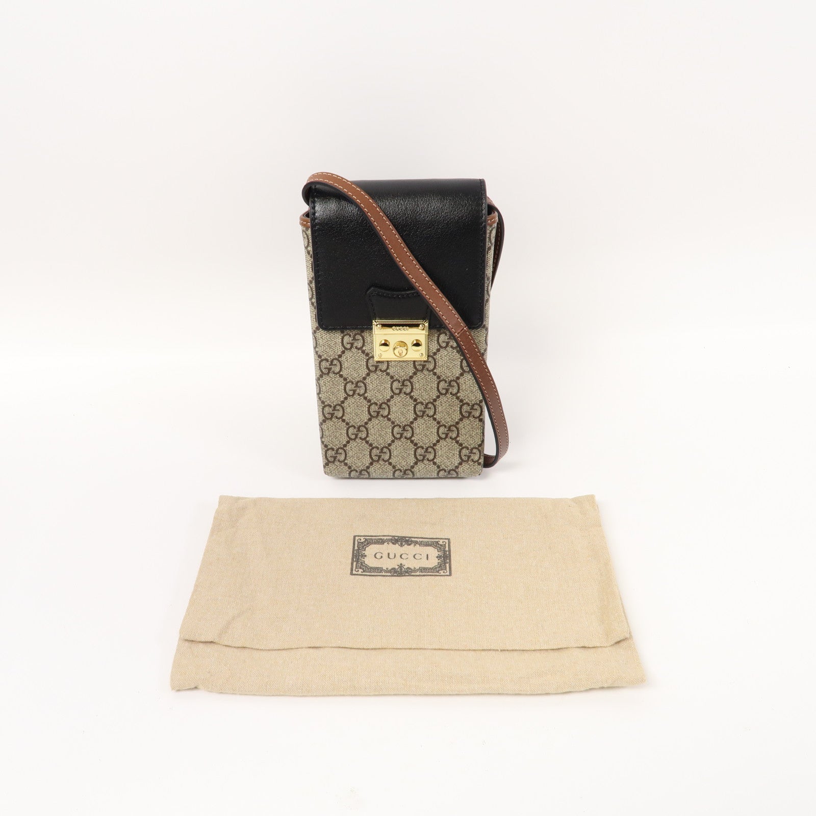 GUCCI 塗層帆布Phone Bag金扣肩背袋米色