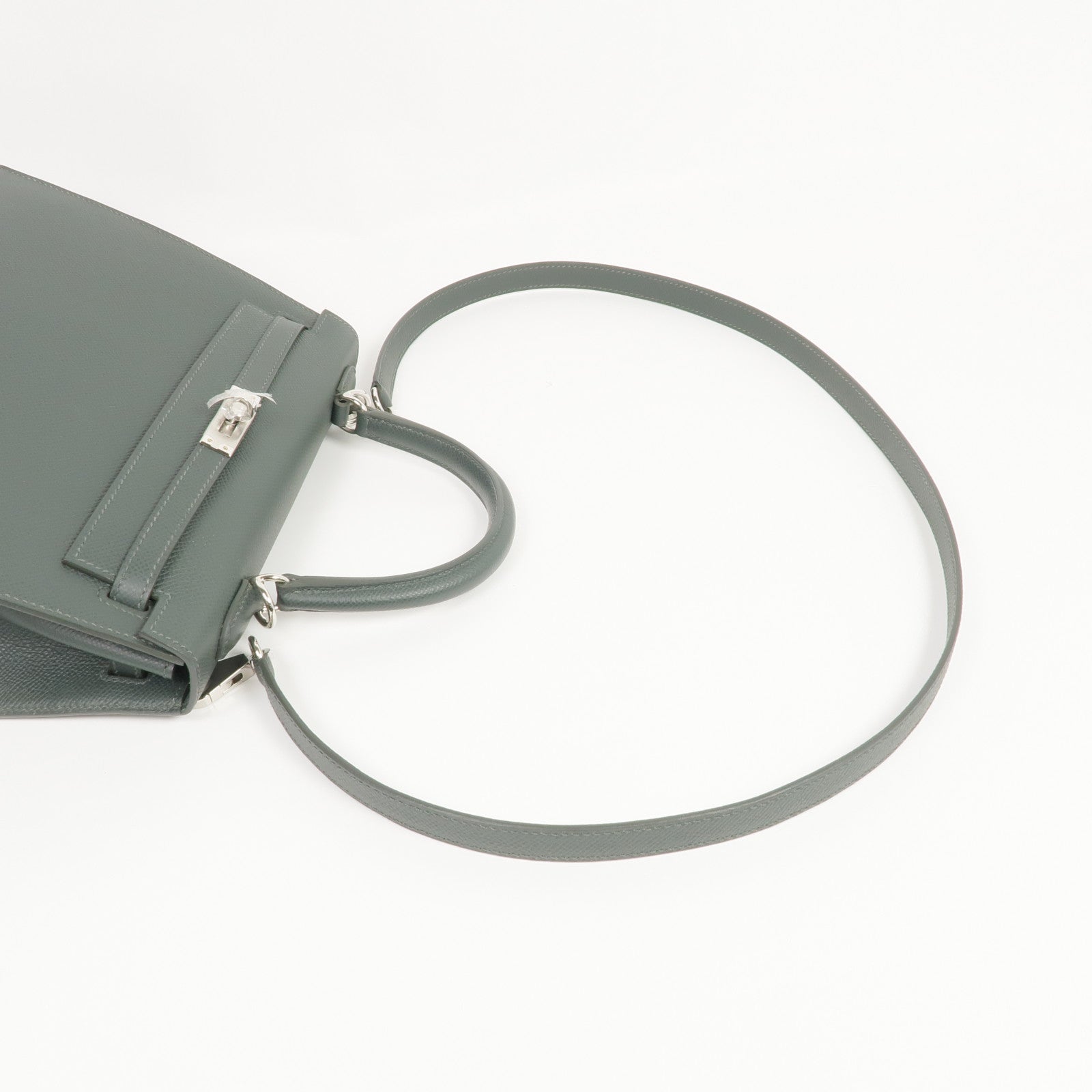 HERMES Epsom皮革Kelly 25銀扣手挽肩背兩用袋Vert Mangrove
