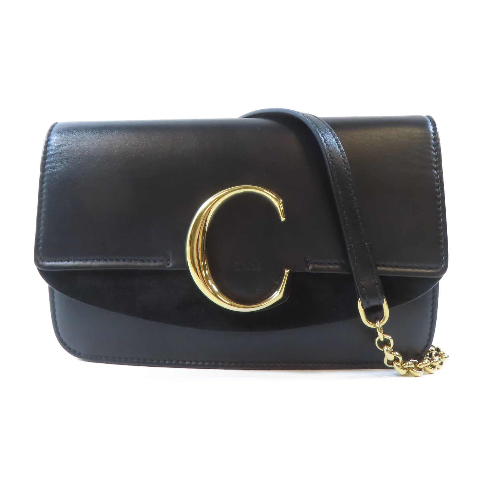 Chloe 牛皮皮革Chain Shoulder Bag金扣鏈帶肩背袋黑色