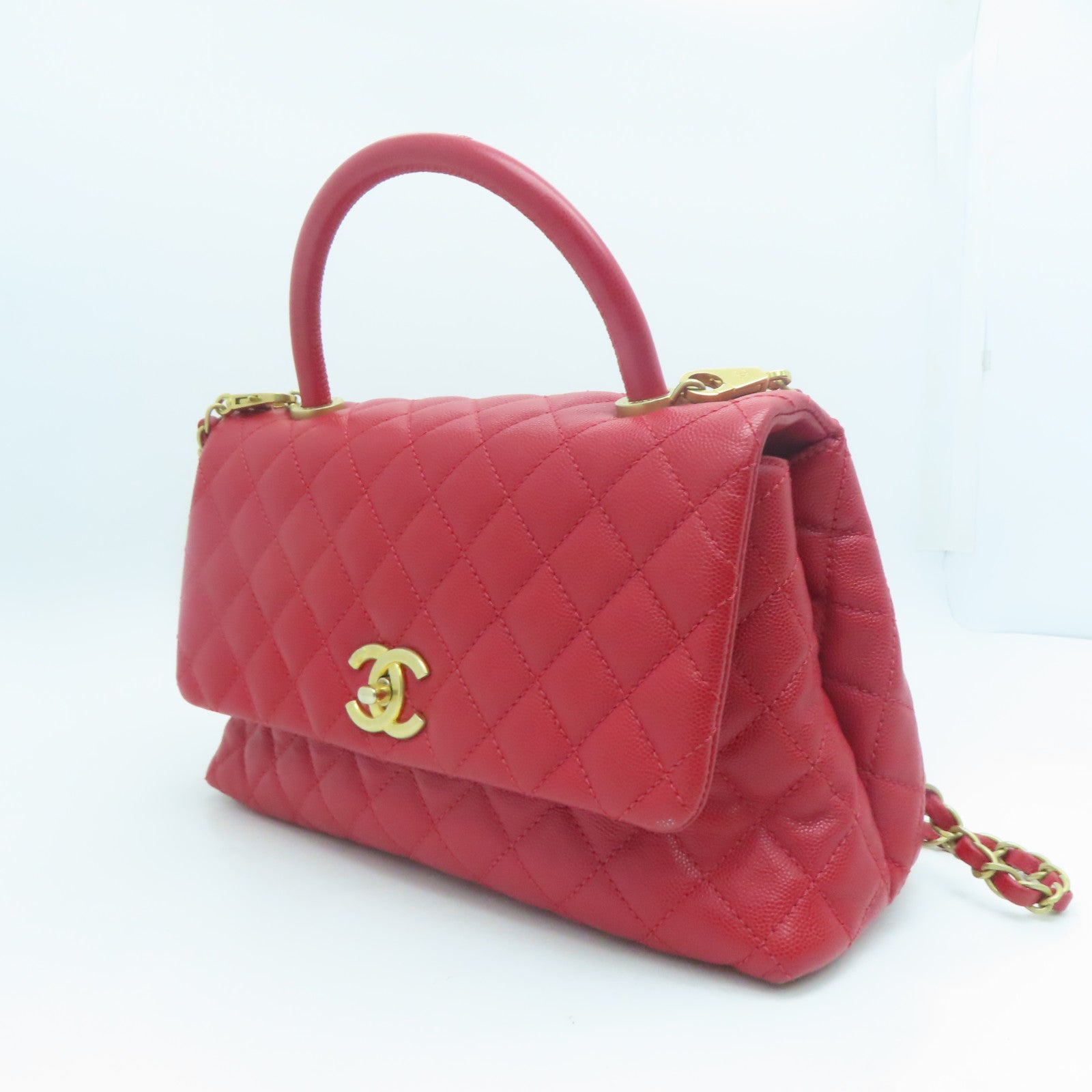 CHANEL 菱格Caviar皮革Coco Handle金扣手挽肩背两用袋红色