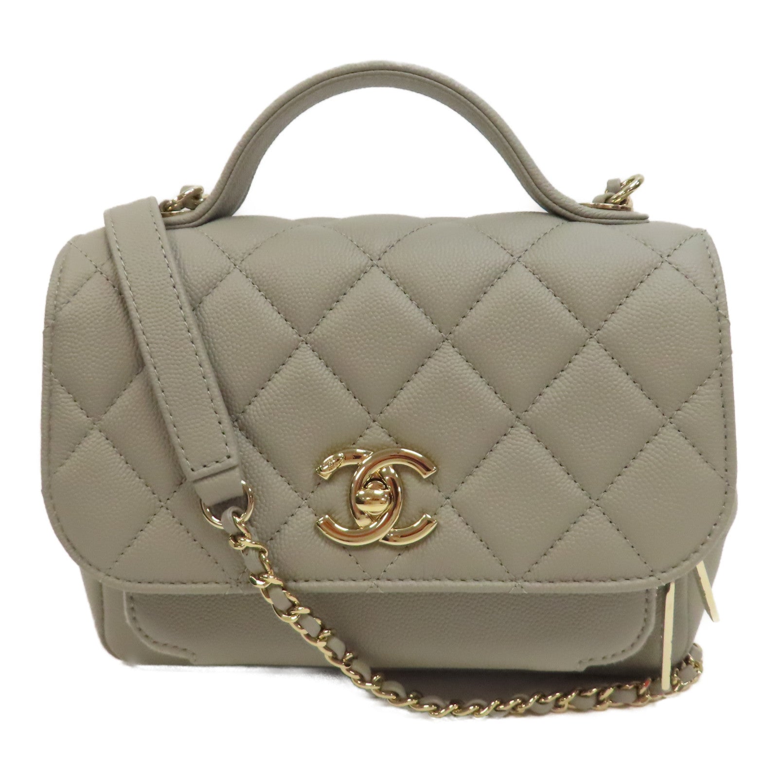 CHANEL 菱格Caviar皮革Chain Shoulder金扣鏈帶手挽肩背兩用袋灰色