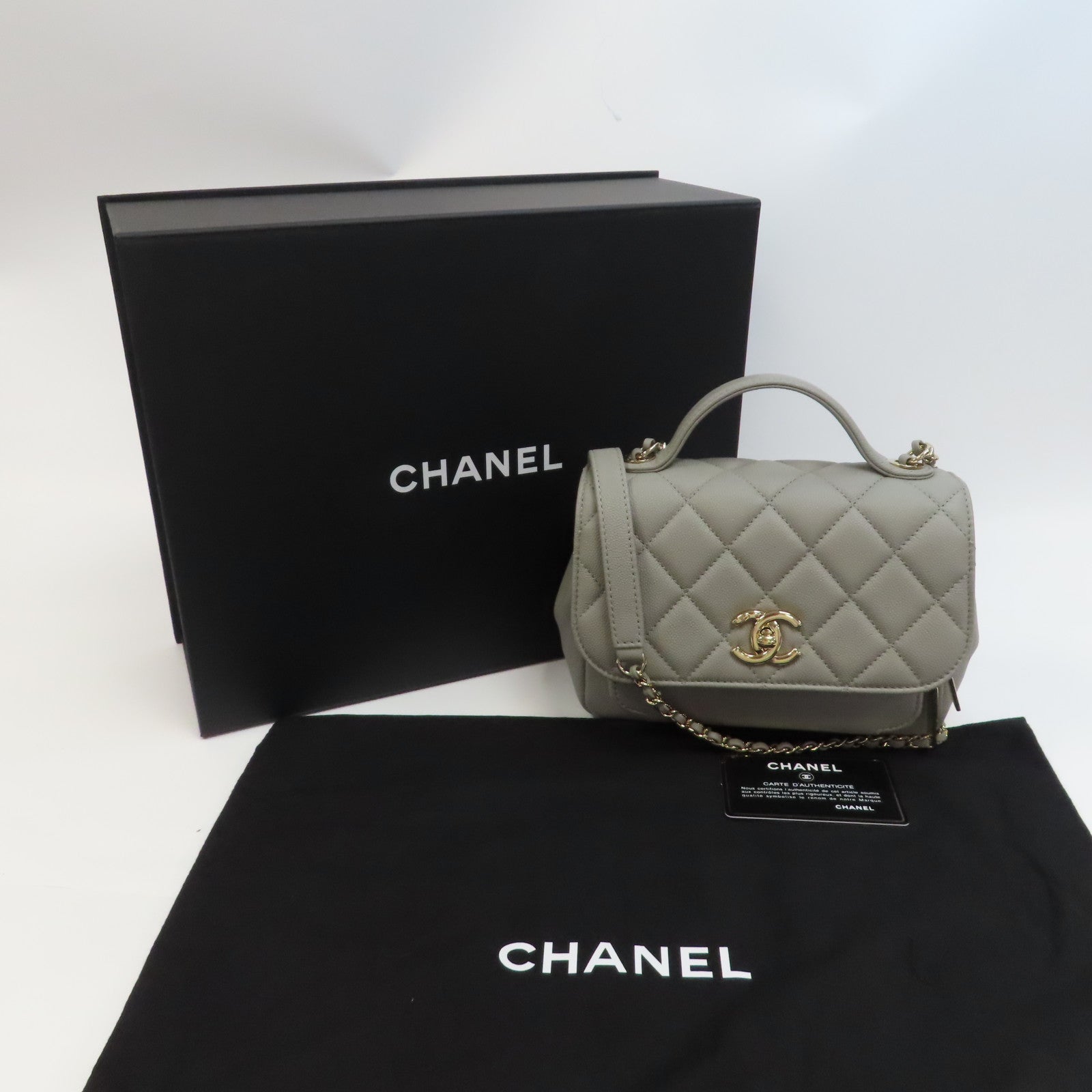 CHANEL 菱格Caviar皮革Chain Shoulder金扣鏈帶手挽肩背兩用袋灰色