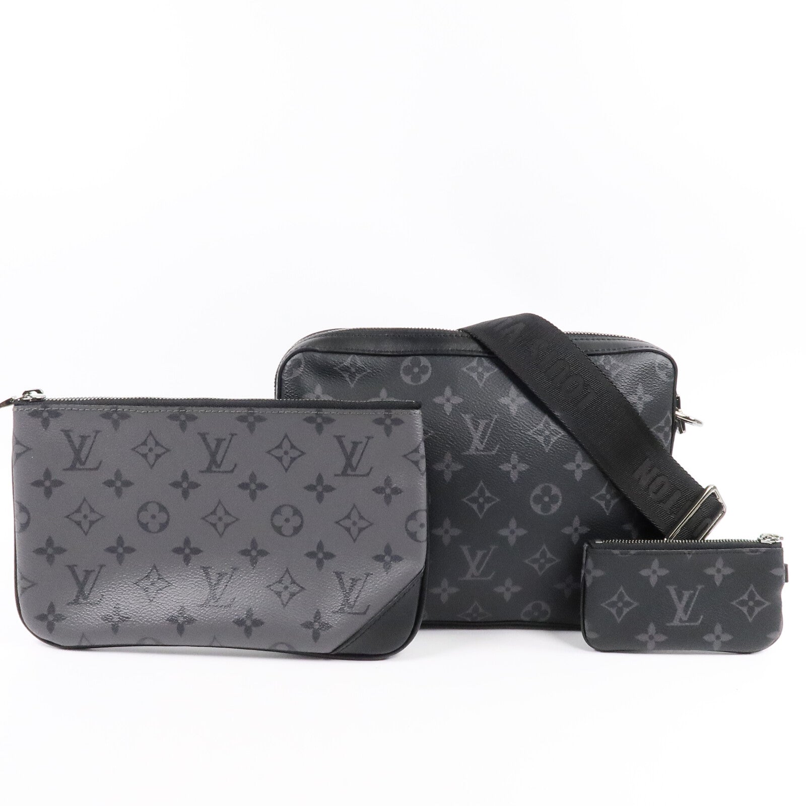 LOUIS VUITTON Monogram Eclipse Reverse Trio Messenger銀扣肩背袋灰色