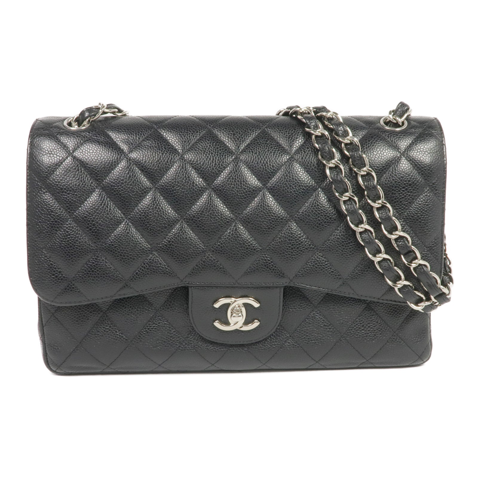 CHANEL 牛皮皮革Large Classic銀扣鏈帶肩背袋