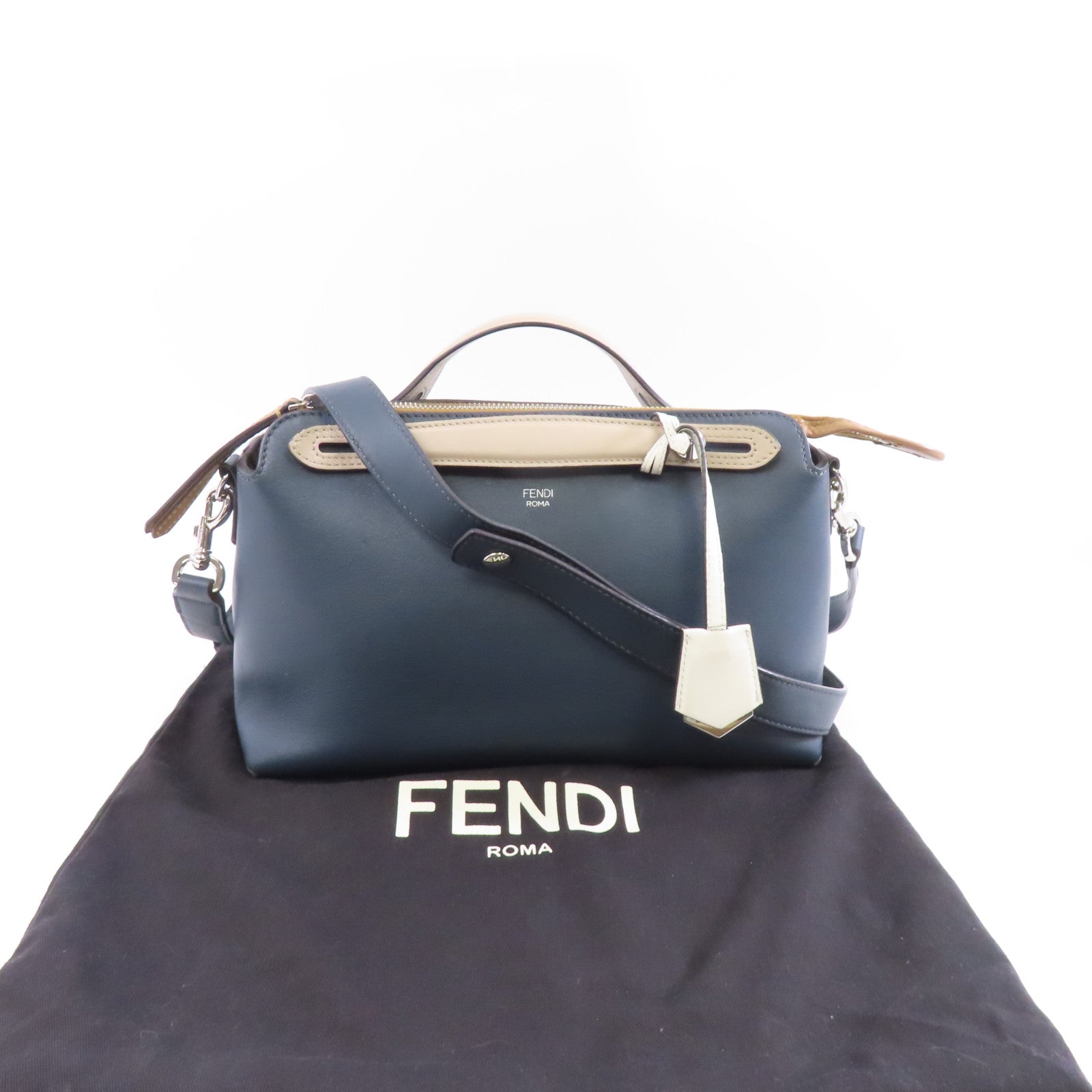 FENDI 牛皮皮革By The Way銀扣手挽肩背兩用袋藍色/米色