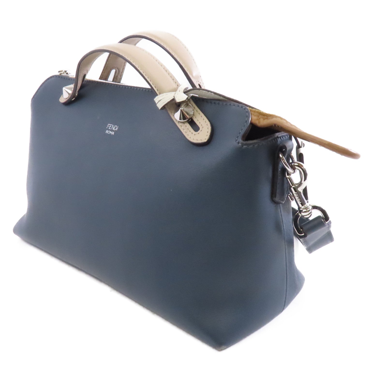 FENDI 牛皮皮革By The Way銀扣手挽肩背兩用袋藍色/米色